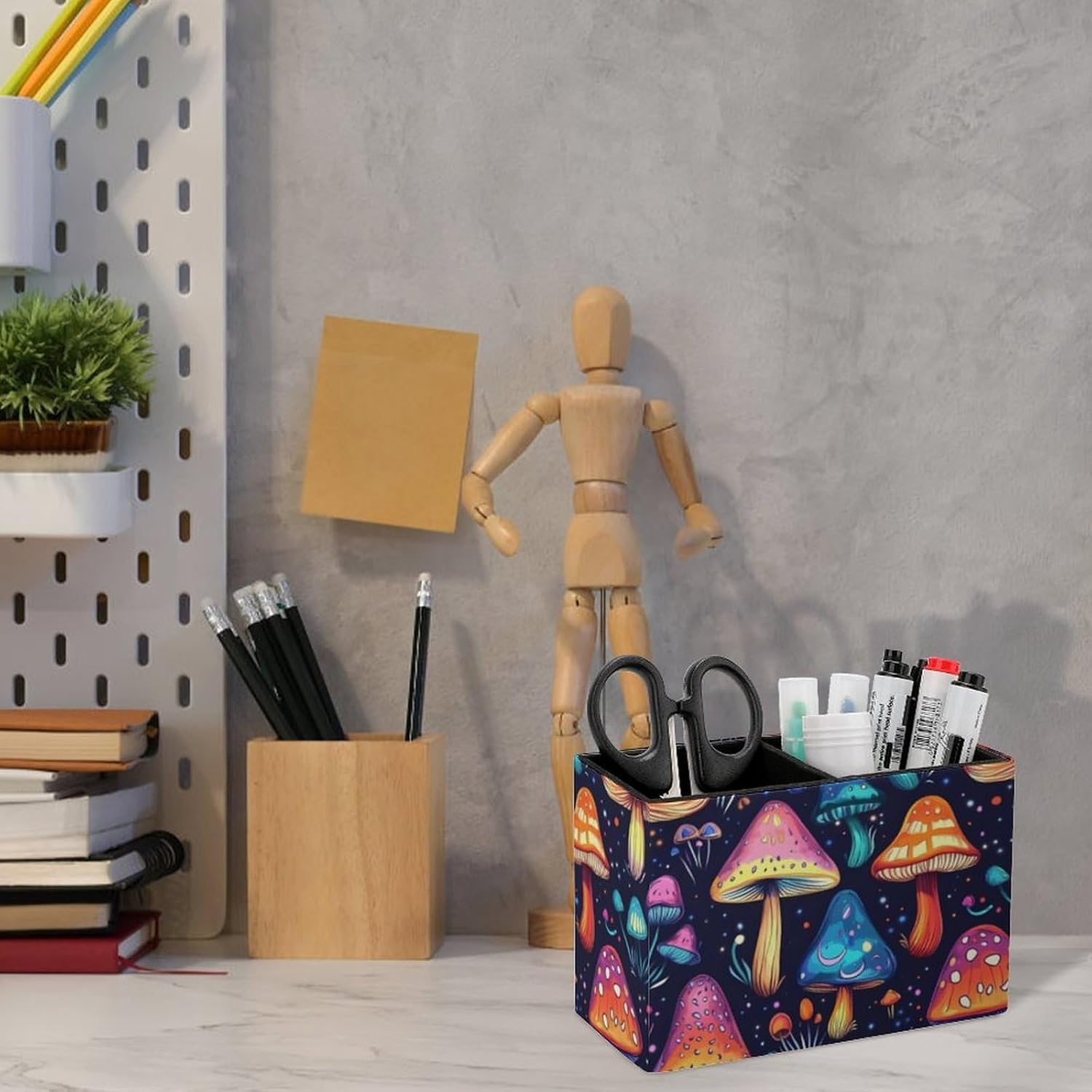 Psychedelic Mushroom Pencil Pen Holder PU Leather Desk Storage Organizer Makeup Brush Box
