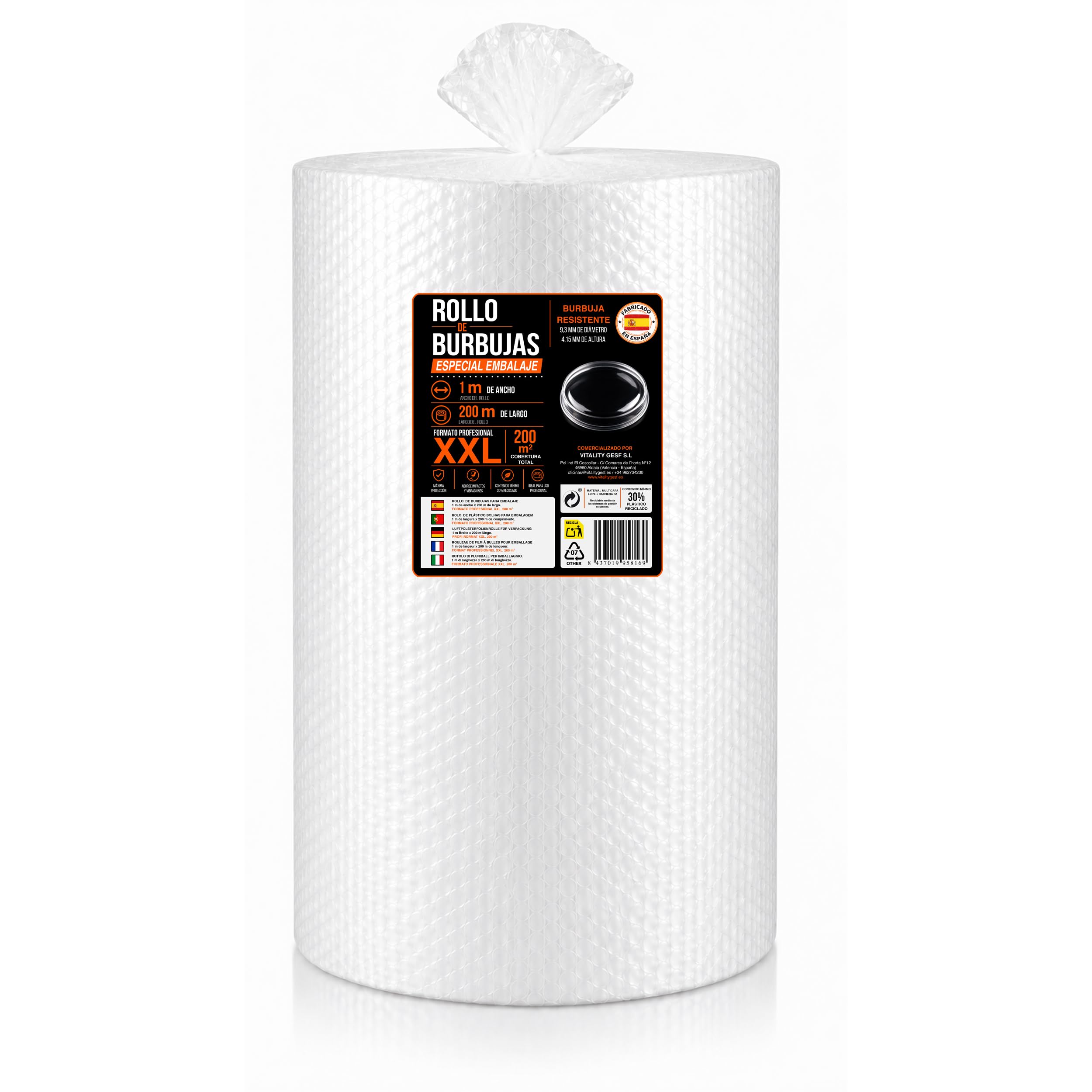 Rotolo di pluriball grande, 1 m x 200 m (200 m²), rotolo di carta pluriball professionale per traslochi, spedizioni, e-commerce e oggetti fragili, rotolo a bolle XXL, resistente, 6 kg (1)