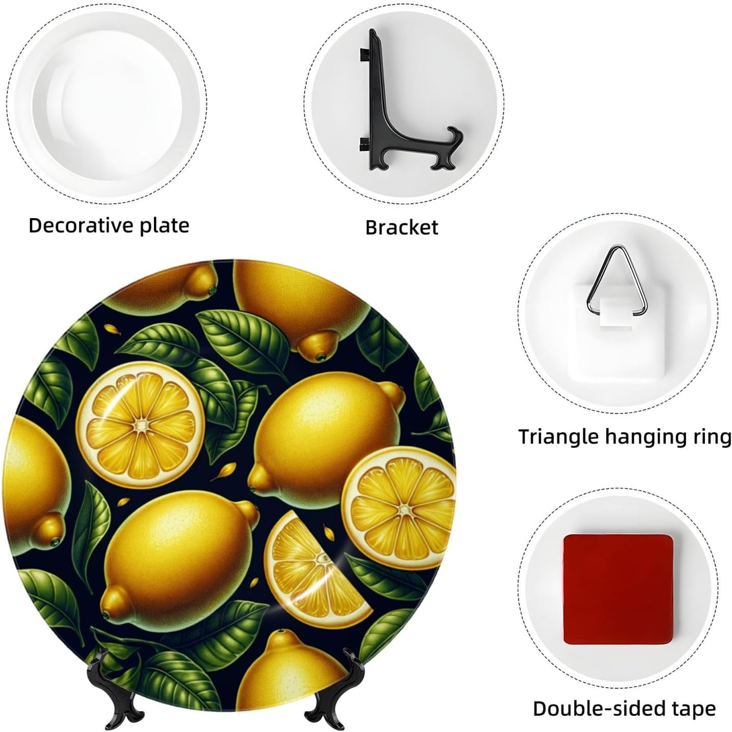 Ripe-Lemons-Green-Leaves 10 Inch Decorative Plate With Stand, Elegant Display Wall Plate For Home Decor