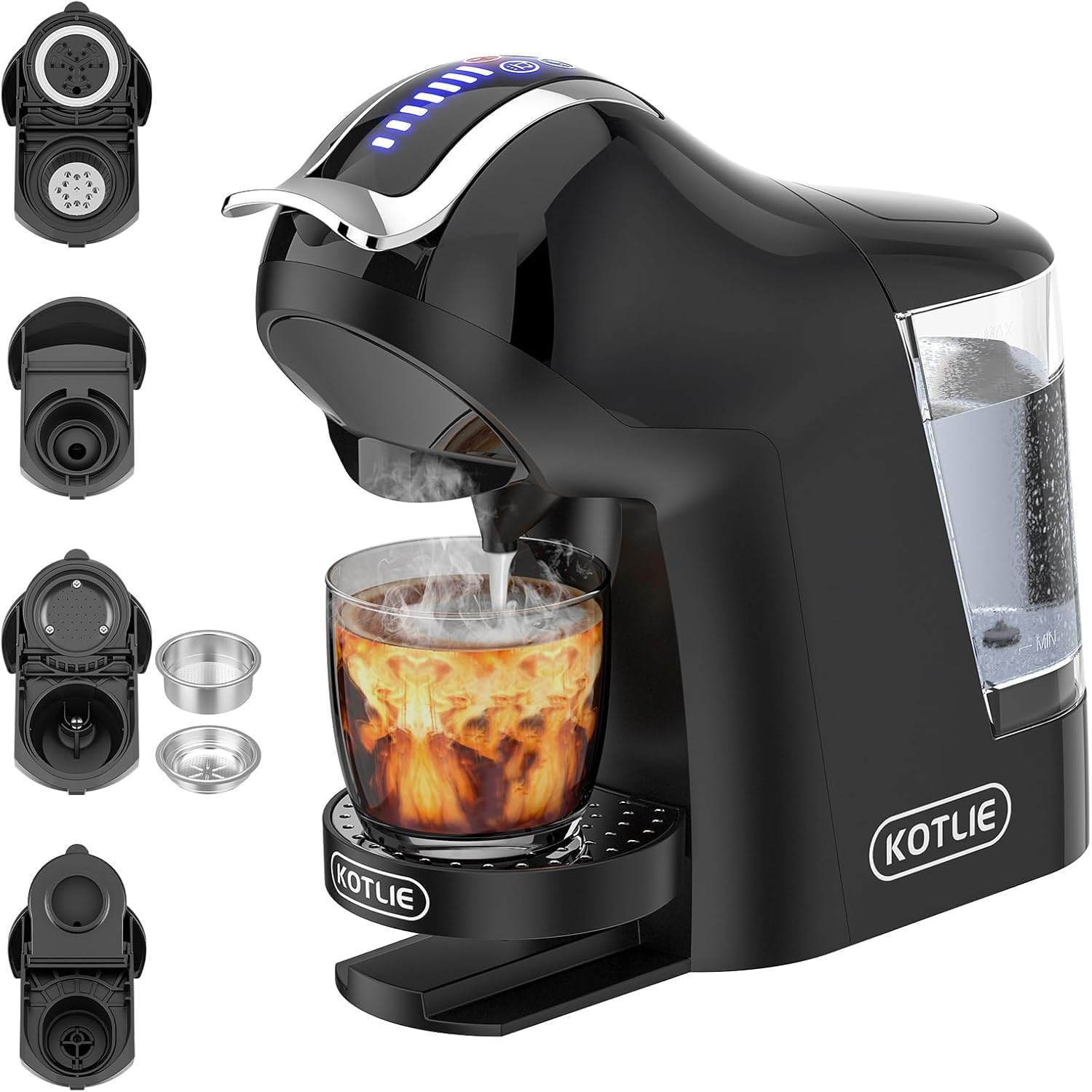 Machine à Café Multi-Capsules 5-en-1 308A, Expresso, Lungo et Café Glacé | Compatible: capsules NES, DG, MIO, café moulu & dosettes ESE 44mm. 4 températures et 7 niveaux d'eau, Noir