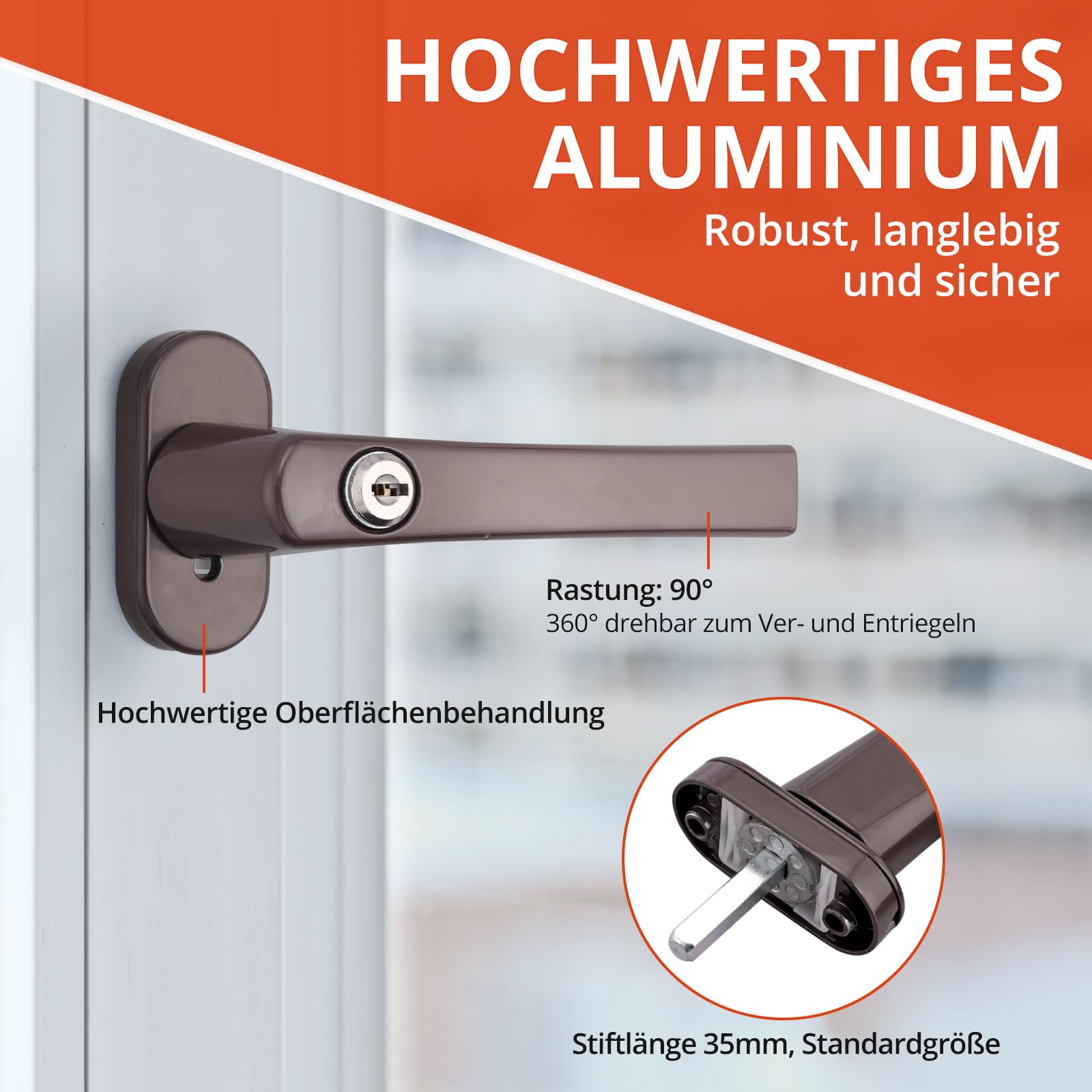 GETLITOOL Fenstergriffe Abschließbar, 4 Stück Fensterschloss Aluminium mit Schlüsseln, Sicherheitsfenstergriff in Stiftlänge 35mm, Kindersicherung Fenstersicherung für Fenstertür Heimsicherheit-Braun