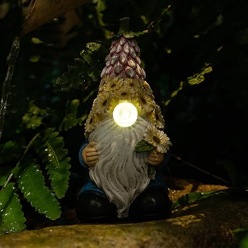 Miniatura 6 de Estatua de gnomo de jardín, figura de gnomo de resina, con luces LED solares, decoración al aire libre, escultura artística para patio, césped,