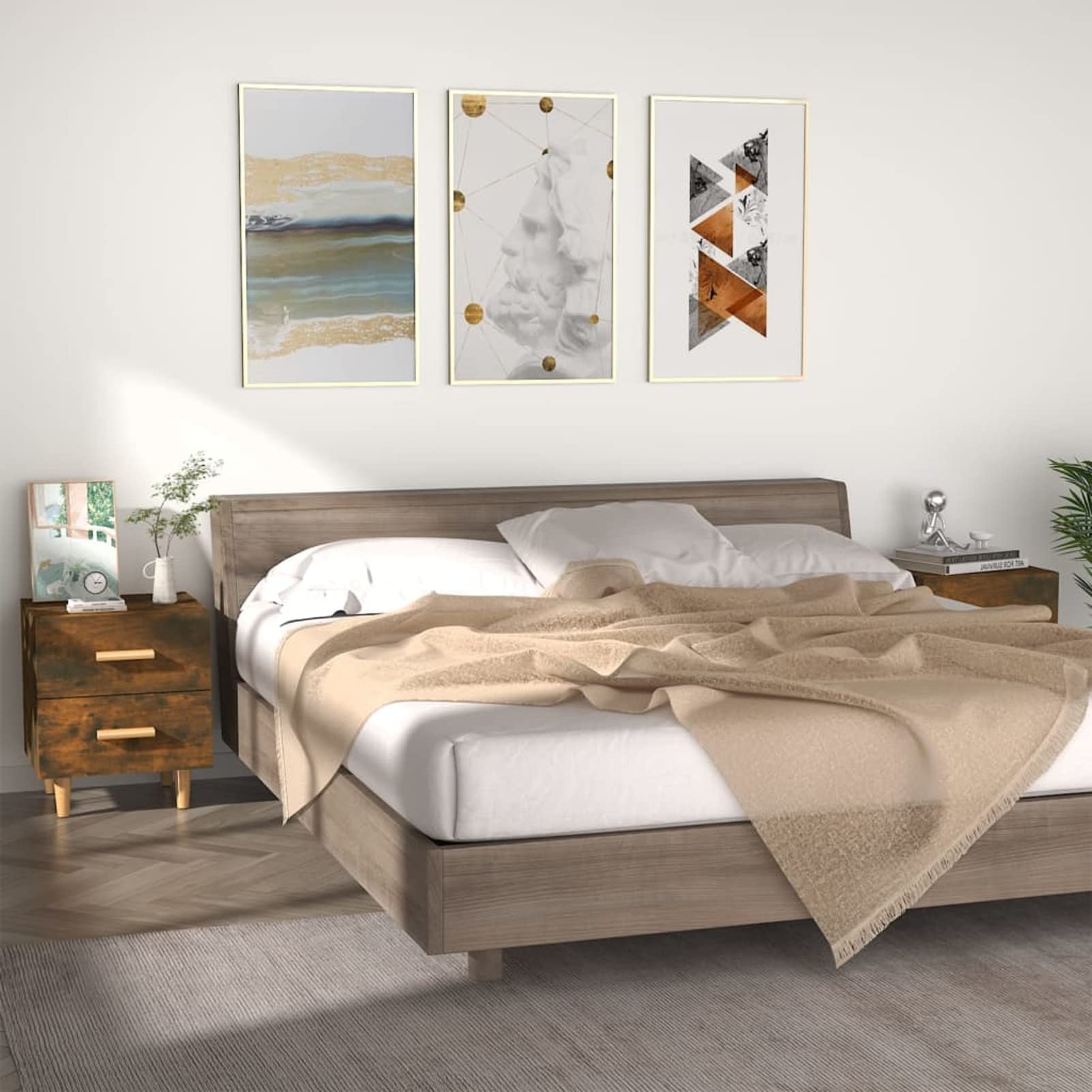 Table de chevet en bois chêne fumé 2 pièces pour désencombrer votre espace de nuit calme
