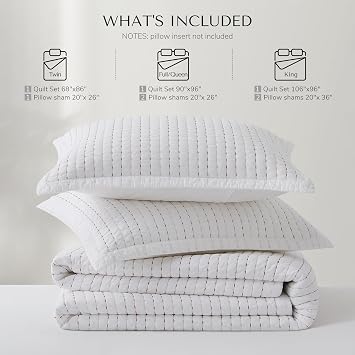 Horimote Home ホリモテホーム 100% コットン キングサイズ キルトセット ホワイト プレウォッシュ加工 ストライプ チャネルステッチ 寝具セット 快適 軽量 ベッドスプレッド ベッドスプレッド ベッドスプレッド ベッドカバーセット 四季通用 3枚
