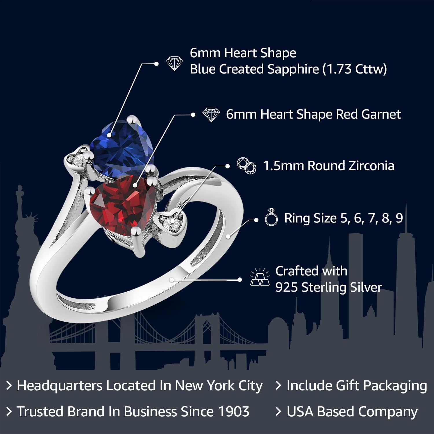 Gem Stone King 1.73 Cttw Blue Created Sapphire and Red Garnet Ring For Women | 925 Silver | Heart Shape 6MM | Gemstone Birthstone | Wedding Engagement Anniversary Promise Ring For Women
