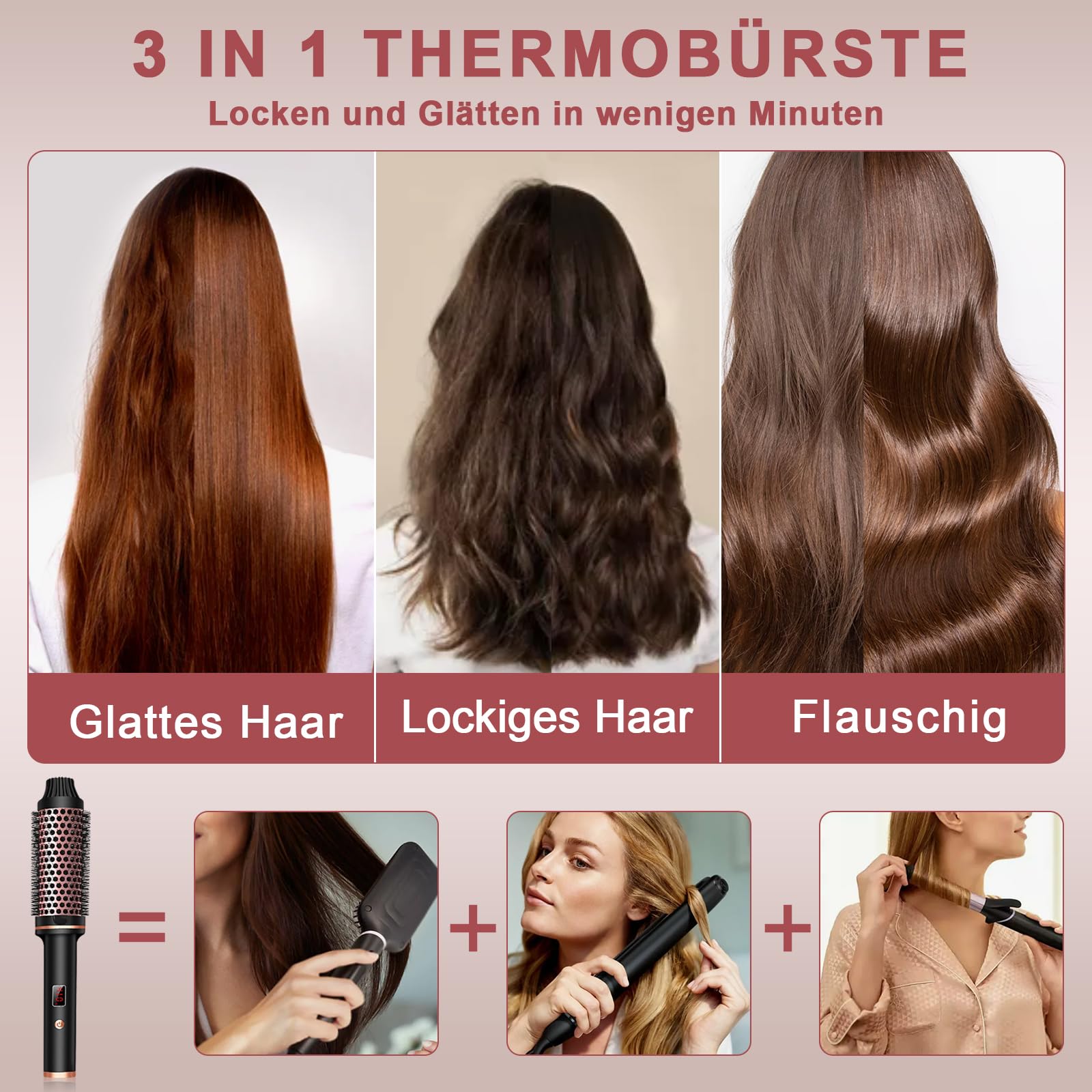 Heated Round Brush 38mm, Elektrische Lockenbürste,Thermobürste Rundbürste, Rundbürste LCD Anzeige 120-210℃, für Wurzelvolumen und lockere Locken, Dual-Spannung, Passend für Reise, Thermal Brush 3 in 1