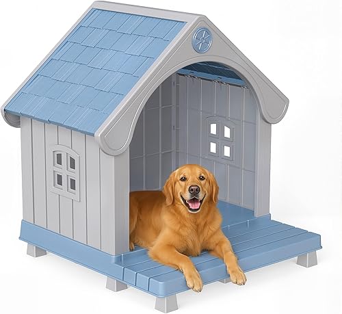 DRATO Caseta para perros de resina con bonito diseño elegante y suelo elevado extendido, casas para perros grandes fuera de la intemperie para uso