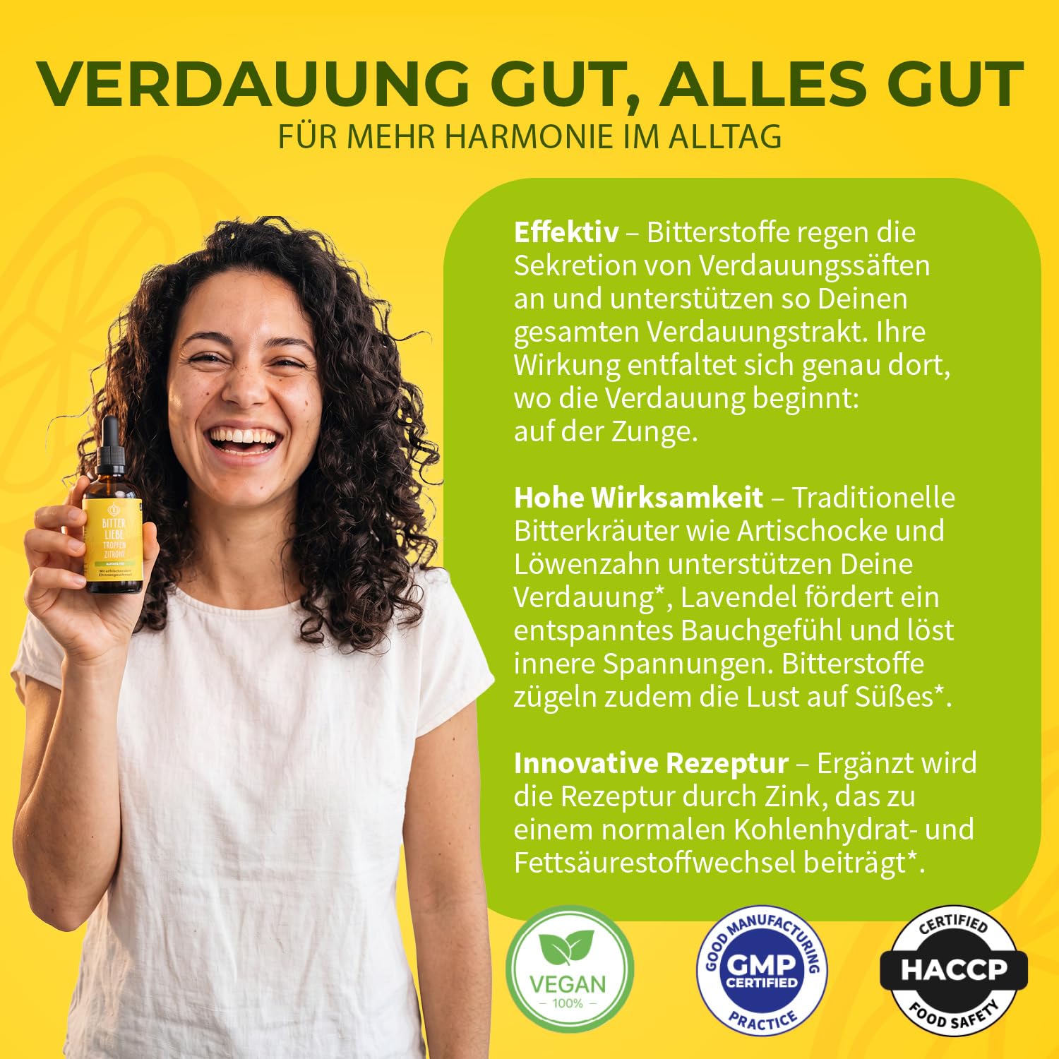 BitterLiebe - Bittertropfen Zitrone ohne Alkohol 100ml - Bitterstoffe Tropfen mit Zink und Zitronengeschmack - nach Hildegard von Bingen - vegan & alkoholfrei - in Deutschland hergestellt