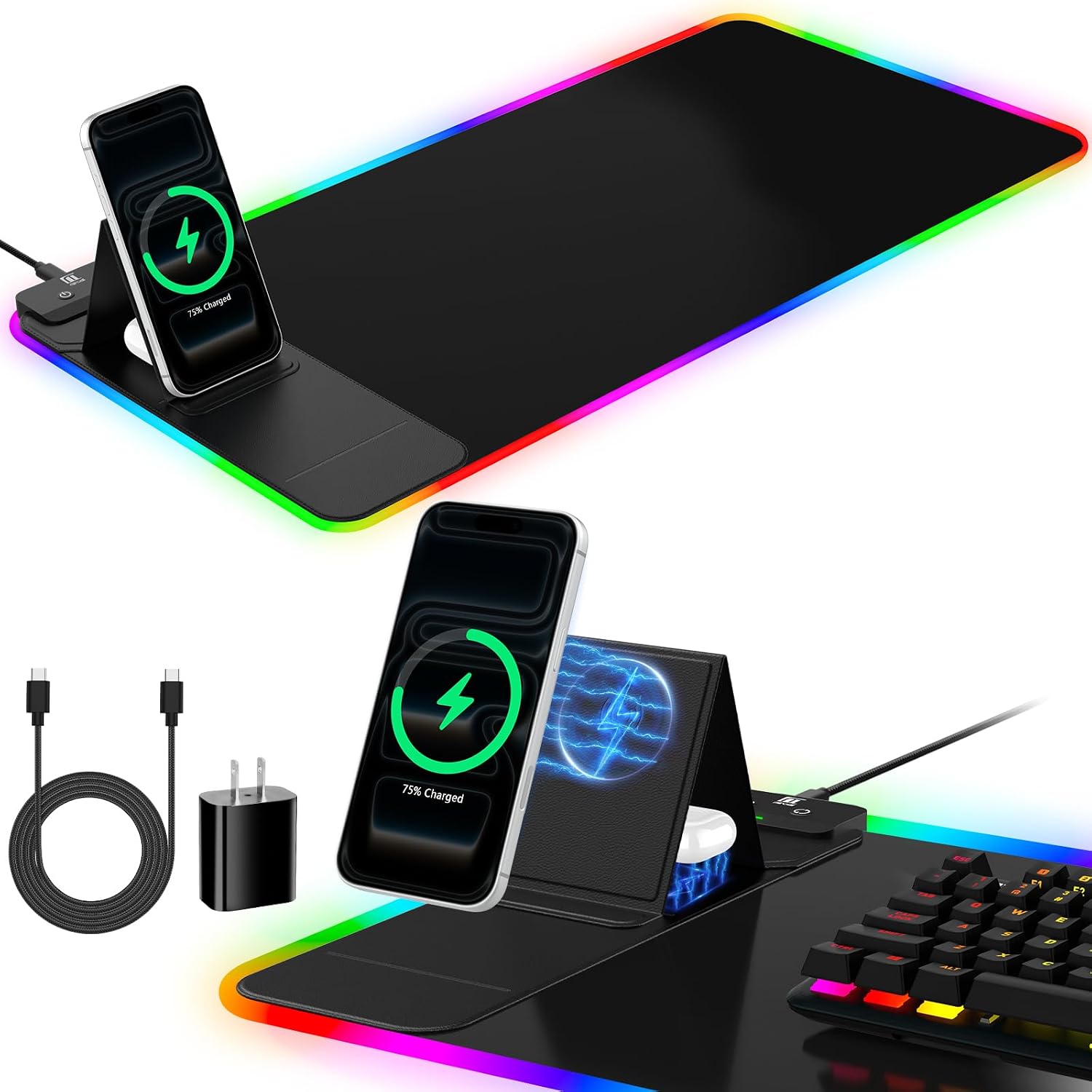 XL RGB desk mat with foldable phone stand and wireless charging