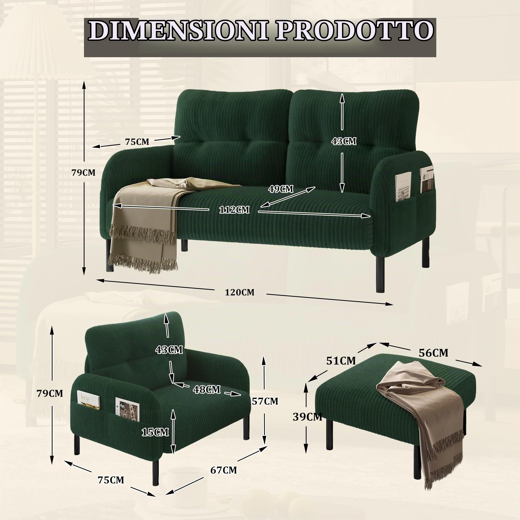 Cord Set di 3 poltrone+sgabello+divano a 2 posti con tasca laterale, struttura tubolare in acciaio e schienale extra morbido, seduta profonda, modulare, combinabile per soggiorno (verde