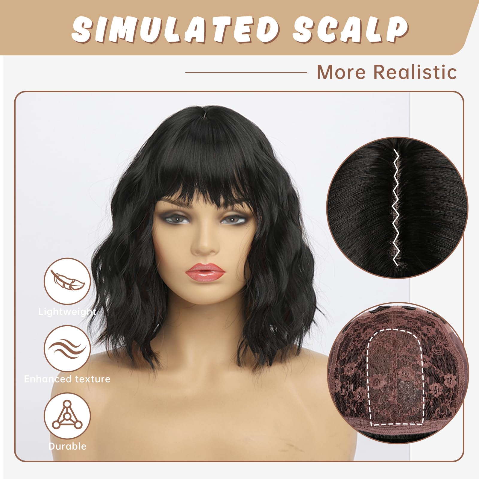 YaissmyLu Short Black Wig With Bangs Bob Wigs for Women Synthetic Natural Hair Medium Length Wig Water Wave(12 Inch) - Image 4
