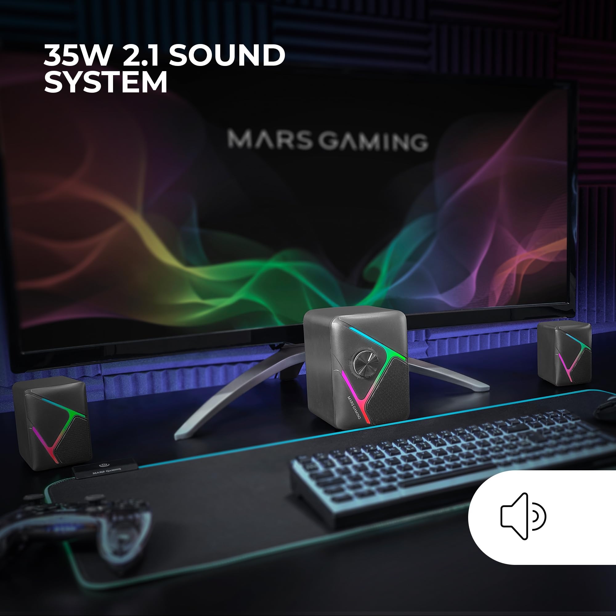 Mars Gaming MS-H21, Altavoces Gaming RGB 2.1 y Subwoofer 35W, Sistema Drivers Invertidos 3D Surround, Altavoces Compactos con Iluminación Dinámica RGB, Alimentación USB y Conector Jack 3.5mm, Negro
