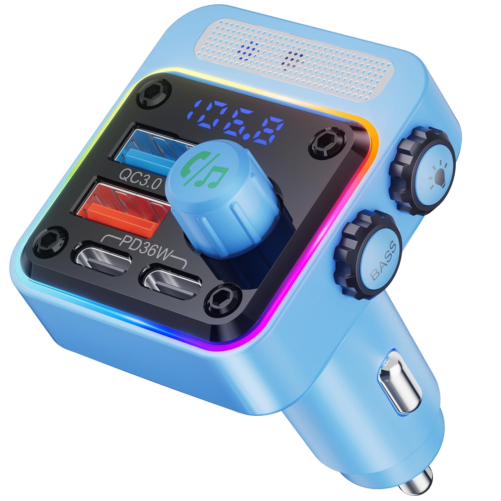NULAXY 54W Adaptateur Chargeur Allume-Cigare Bluetooth 5.3 avec 4-Port Charge Rapide[PD 36W & QC3.0 18W], Transmetteur FM avec Basses Profondes, Éclairage 5-Couleur, Appels Mains-Libres, Bleu Clair