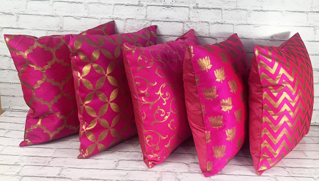 Pinkparrot artsilk Pink Colour 16x16 inch Cushion Cover Set of 5 pcs-0uu103-image-4