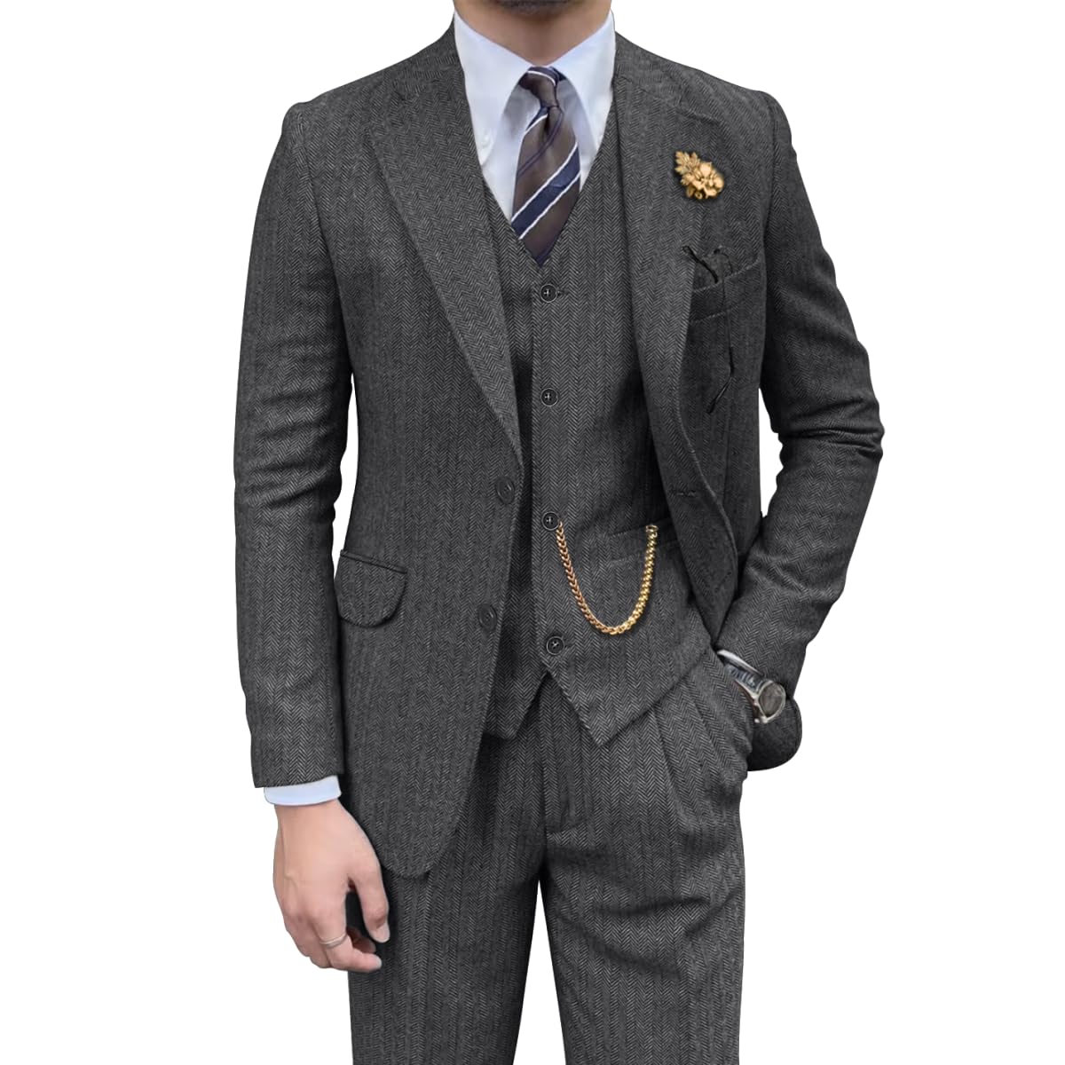 Photo 1 of Men Suits Retro Tweed Set Herringbone Casual 3 Pieces Wedding Party Suit Set Prom Formal Tuxedo Wool Blend Slim Fit Blazer Sets Grey M