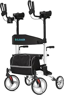 ELENKER Upright Rollator Walker, Stand Up Rolling Walker, Mobility Walking Aid with 10” Front Wheels, Seat and Armrest for Seniors and Adults, White