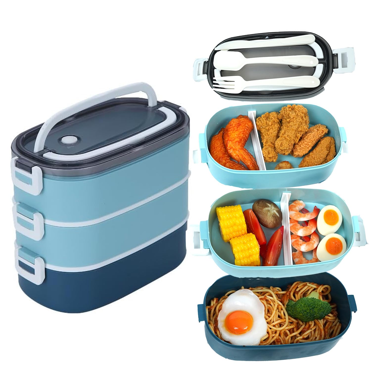 JENAGREN Bento Box Lunch Container, Stackable 3 Layers Meal Prep Salad Adult Lunch Box, Leak-Proof Sandwich Containers with Cutlery for Adults Men Women,GREEN