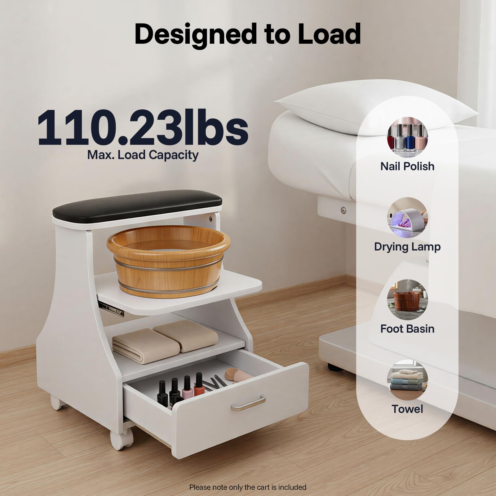 Chariot de manucure 3 niveaux portable avec tiroirs et 4 roulettes universelles, bain de pieds capacité 50 kg