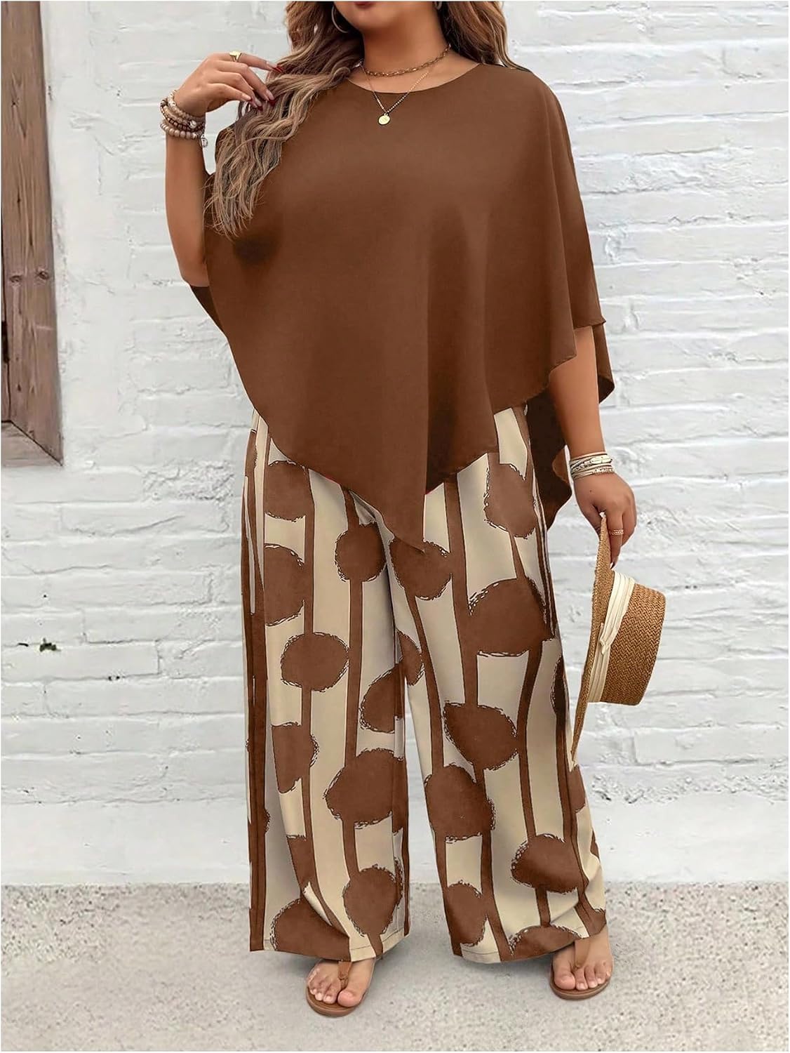 SOLY HUX Women's Plus Size Summer Vacation Outfits 2 Piece Half Sleeve Asymmetrical Blouse Tops and Wide Leg Pants Set