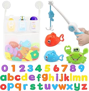 ZEAGUS Bath Toys Set for Toddlers 1-3, Bath Toy Storage Bag Hooks,Baby Bathtub Toys with 36 Letters and Numbers,Shower Toys Bath Time with 3 Fishing Toys and Water Gun Floating for Baby Pool Toys
