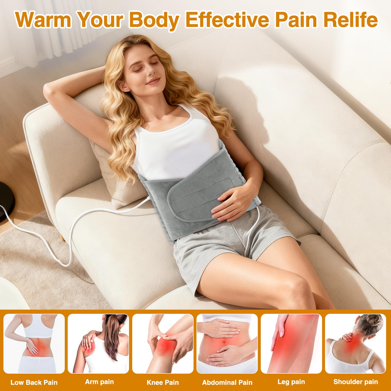 Coussin Chauffant Electrique 125x30cm,Ceinture Lombaire Chauffante,avec 4 Réglages de Minuterie, 10 Température,Pour Dos Cervicales Abdomen,Lavable en Machine