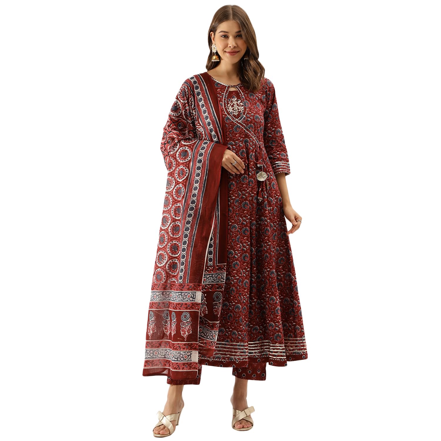 Maroon Floral Printed Cotton Anarkali Kurta Set with Dupatta-image-43