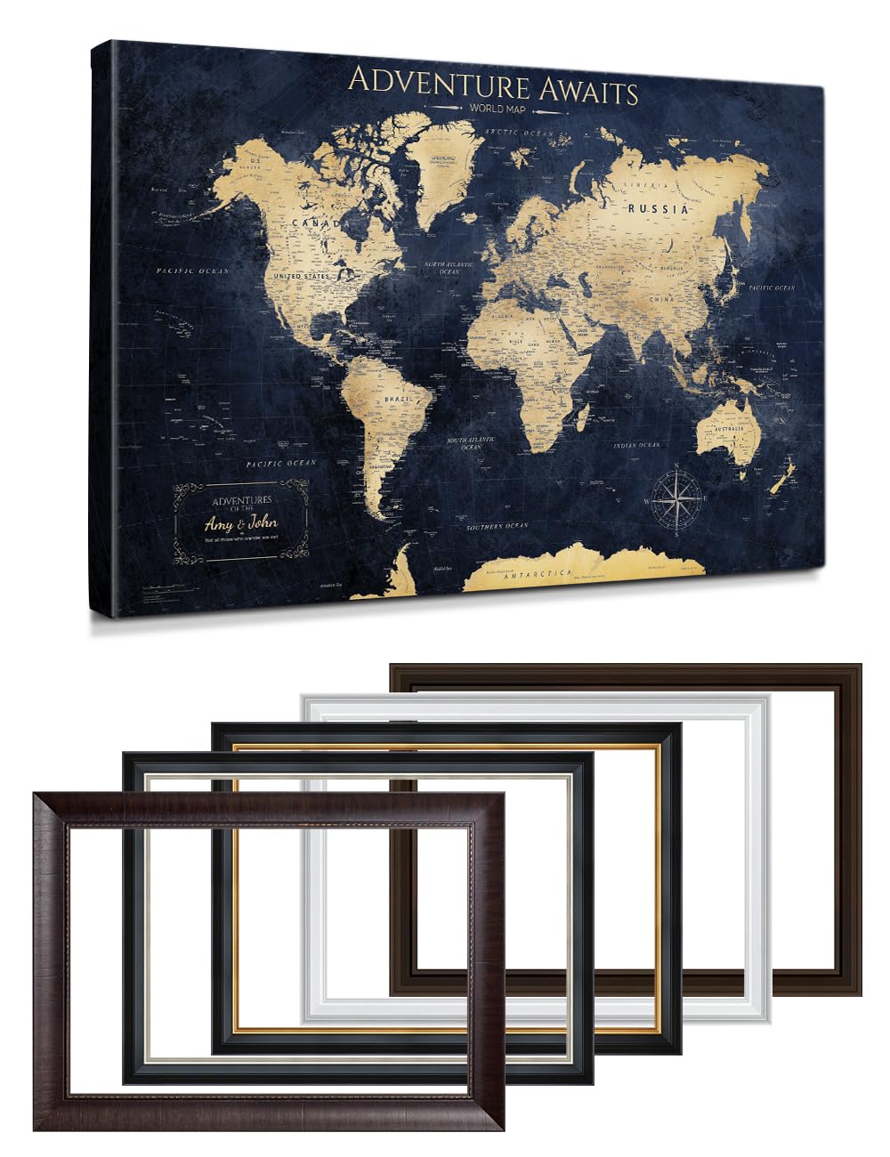 IPIC - Personalized Framed World Map for Wall Decor, Large Pinnable World Map to Mark Travels, Custom Artwork with Names, World Travel Map for Home,