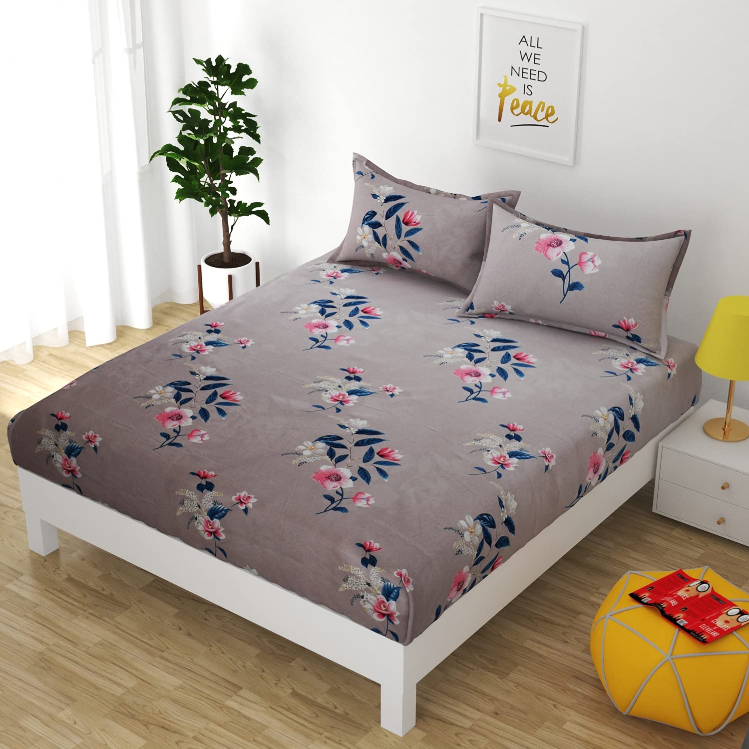 Generic 100% Glace Cotton Glorious Prints Flat Bedsheets for Double Bed with Pair of Pillow Covers-Multicolor