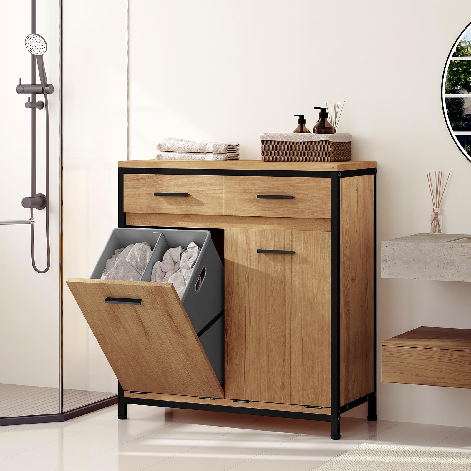 EUGAD Meuble de Salle de Bain, Placard de Rangement, avec Sac Intérieur Amovible avec Poignées, 40 x 78,9 x 80,2 cm, 2 Tiroirs et 2 Paniers à Linge, Meuble de Rangement, Chêne Clair + Noir, 0233WY