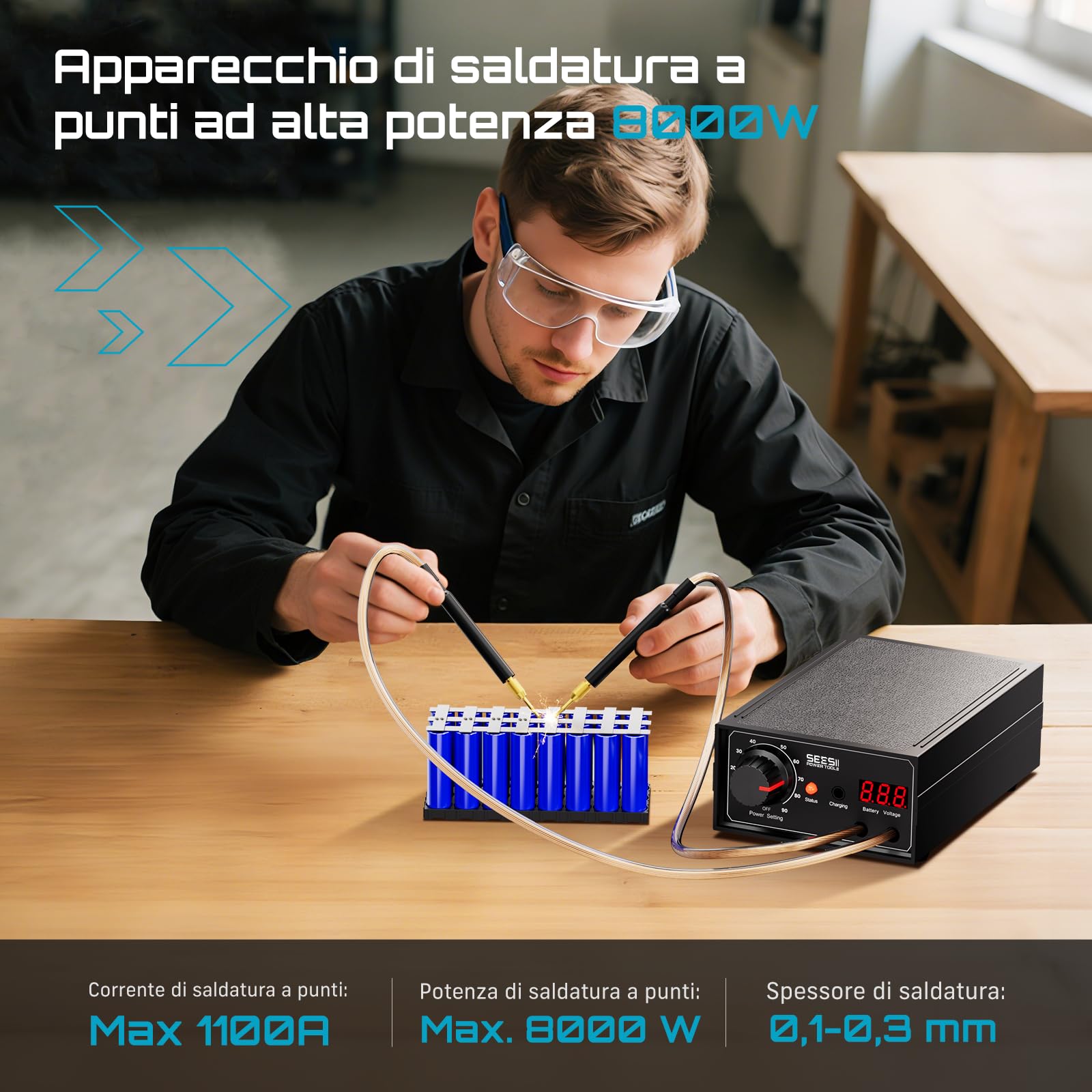 SEESII Saldatore a Punti a Doppio Impulso per Batterie: Saldatrice Senza fili 9600mAh con Indicatore Tensione in Tempo Reale, Livelli Regolabili, per Riparazione e Montaggio di Pacchi Batteria