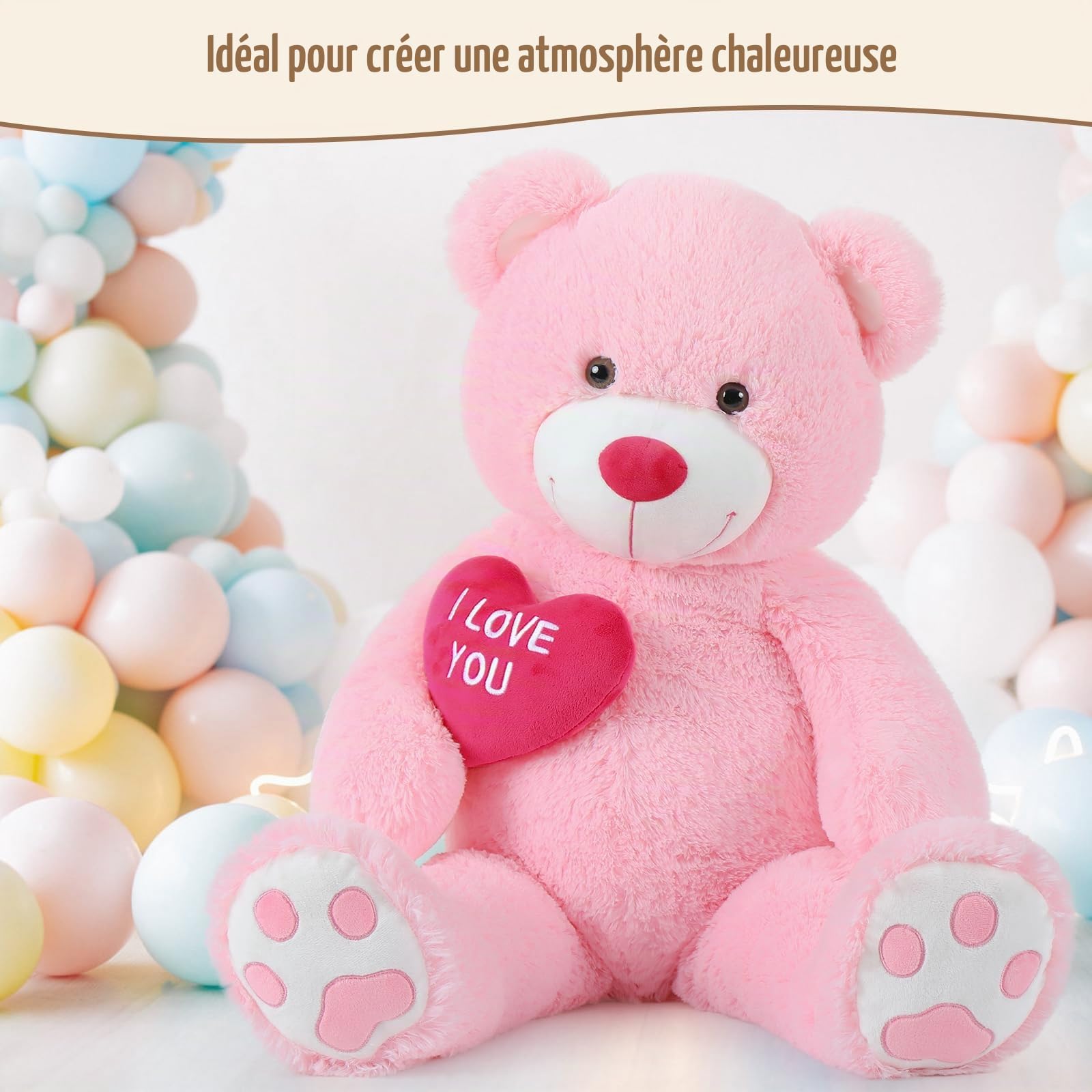 MorisMos Ours Peluche Geant Rose avec Cœur, I Love You Nounours en Peluche Geante XL,Cadeaux de Noël, Mignonne pour Enfants Filles Copine Femme Anniversaire(90cm)
