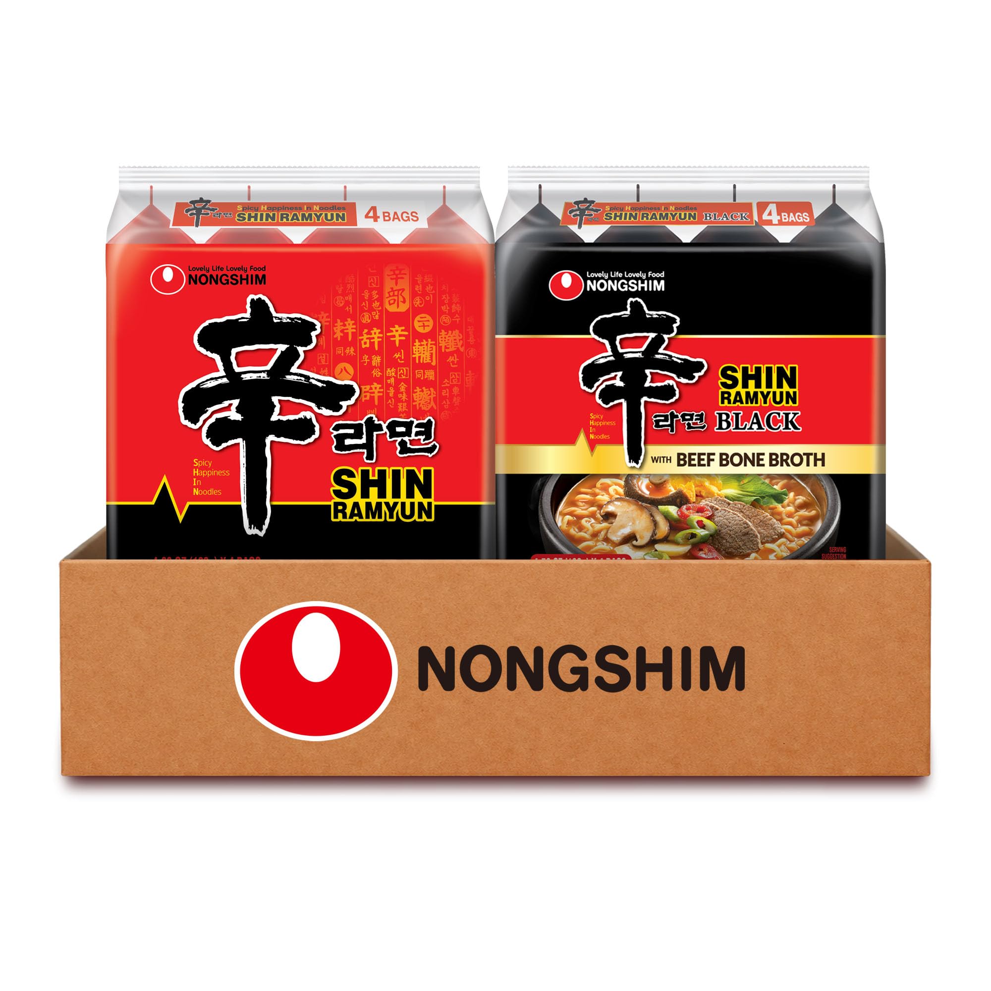 Nongshim Shin Ramyun, Shin Ramyun Black, Signature Spicy Instant Noodles, Rich Beef Bone Broth, Pantry Staples, The Full Shin Noodles Collection Variety Pack, 8 Packs