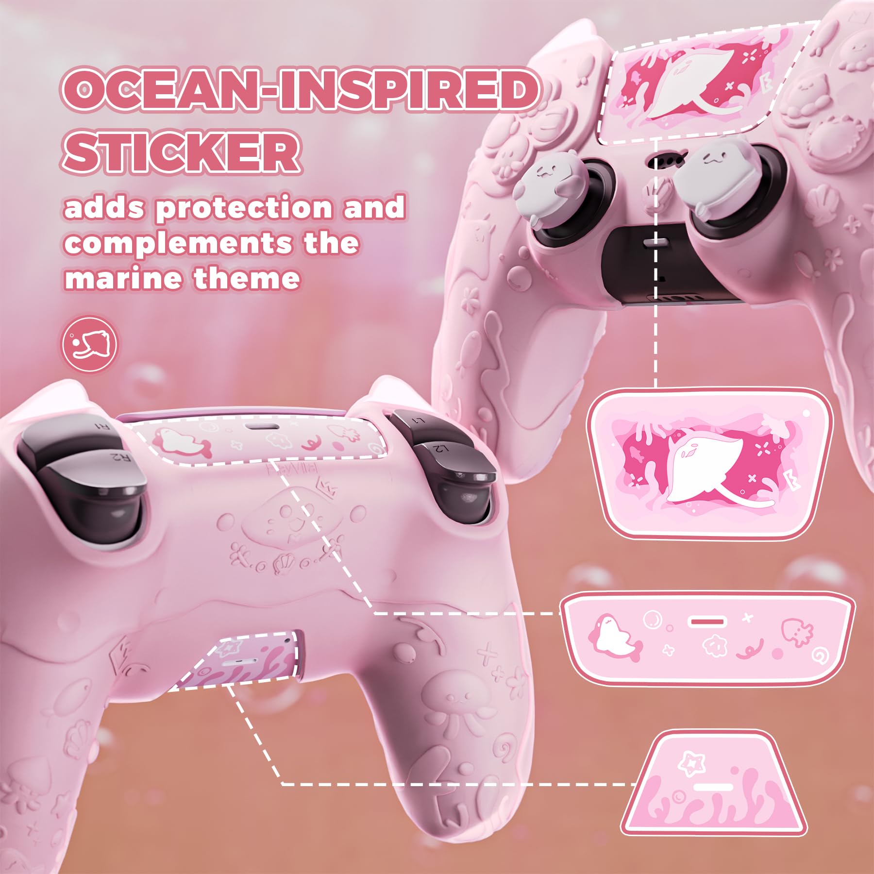 PlayVital Funda de Silicona Semitransparente para ps5 Mando - Serie Cute Ocean Whisper, Carcasa Protectora con Tapas para Joysticks y Pegatina, Compatible con Base de Carga (Rosa Melocotón)