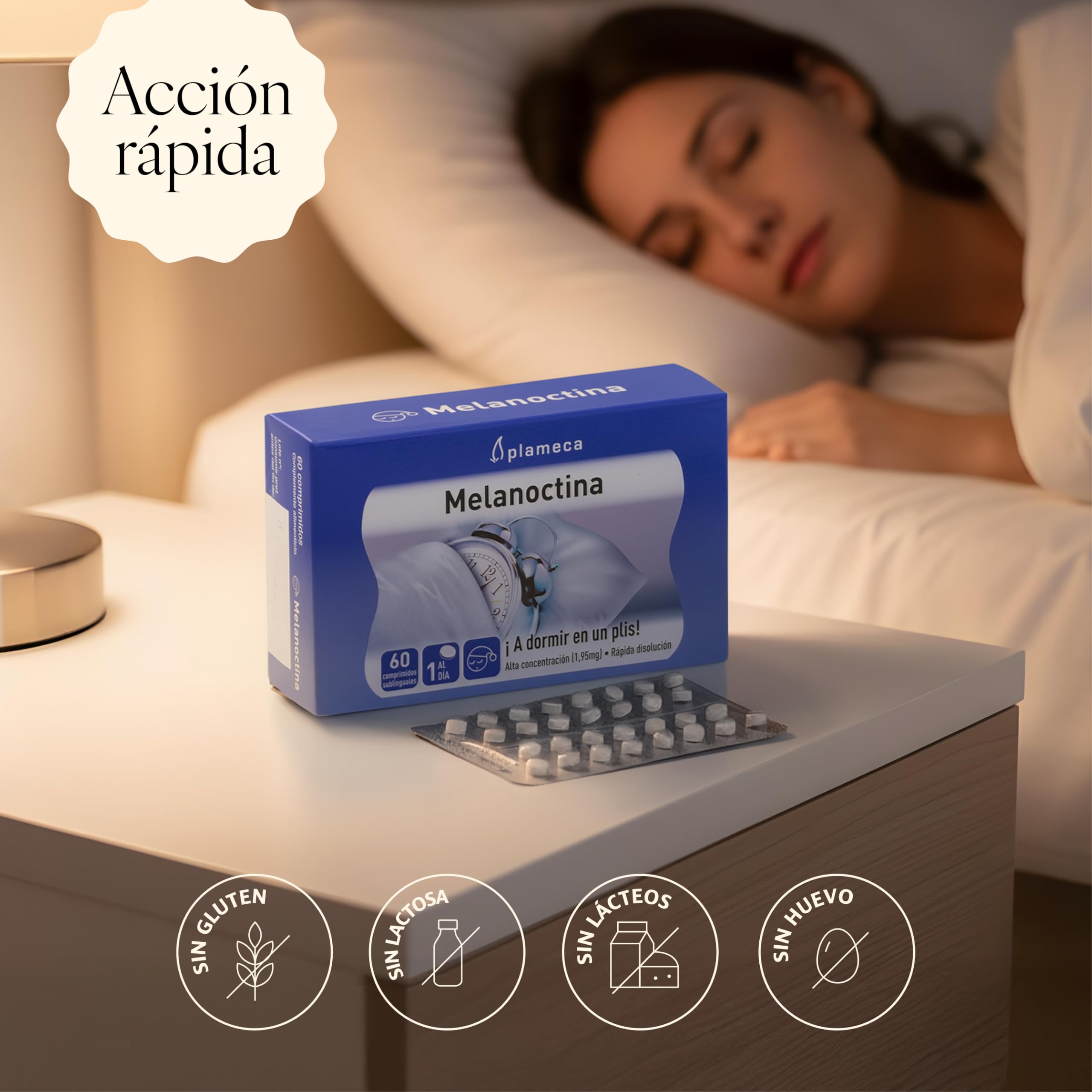 PLAMECA Melanoctina ¡A dormir en un plis!, Melatonina Pura de Rápida Absorción (60 Comprimidos Sublinguales)