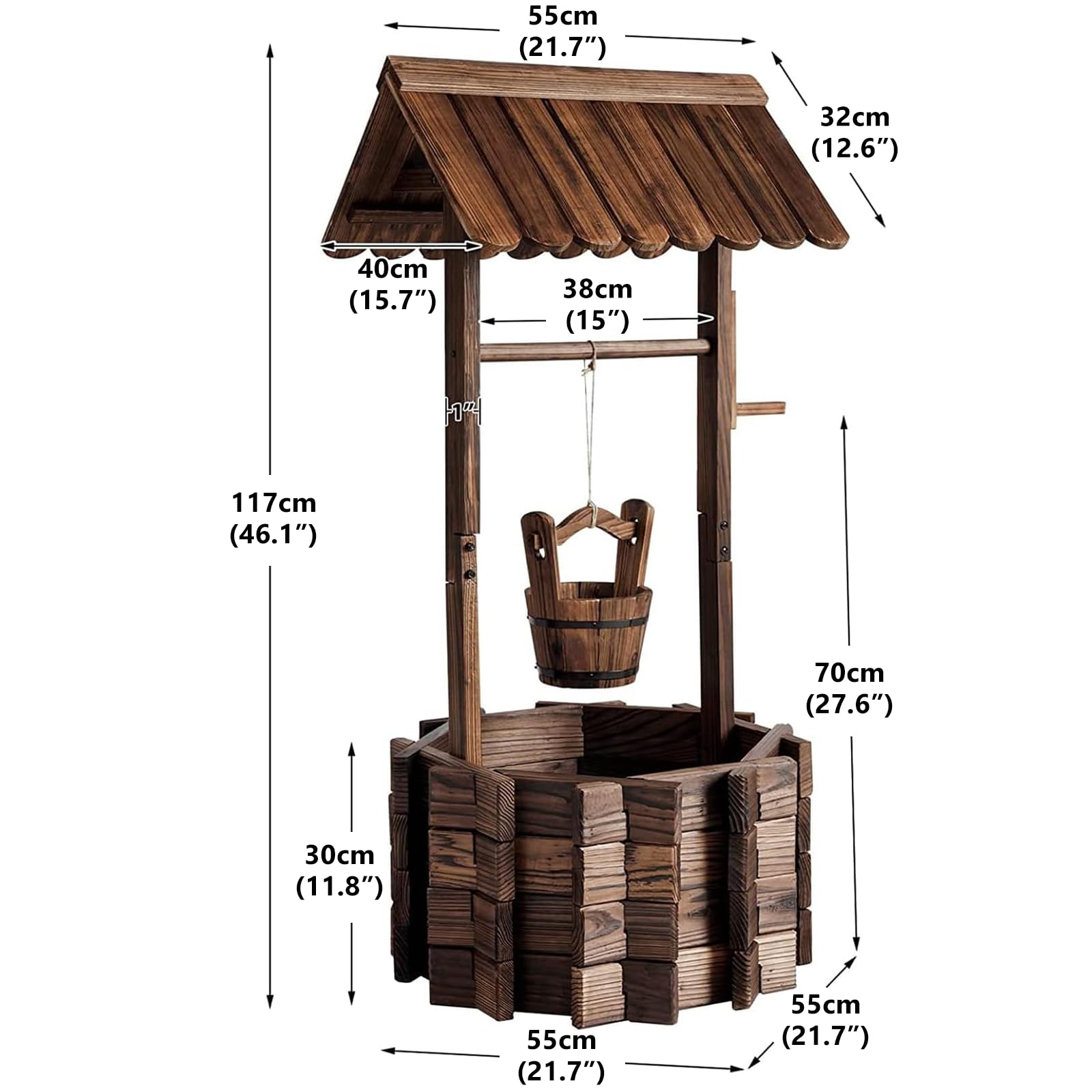 Aoxun Pflanztopf Wunschbrunnen Holz, Ziehbrunnen Pflanzenständer, Wunschbrunnen Pflanzkübel, 54 x 54 x 118 cm, Dekobrunnen für Garten, Gartenbrunnen Blumenkübel