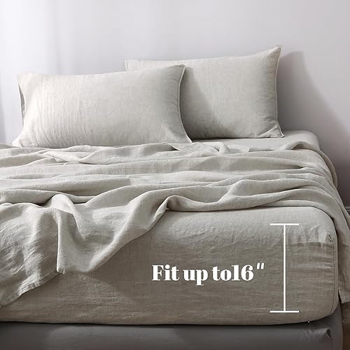 Miniatura 3 de S VICTORY SYMBOL Funda de colchón de lino 100% orgánico, bolsillo profundo de 16 pulgadas, 60 x 80 pulgadas, sábana inferior de lino francés lavado