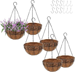 GROWNEER 6 Packs 12 Inches Metal Hanging Planter Basket with Coco Coir Liner, Round Wire Plant Holder with Chain and 12 Pc...