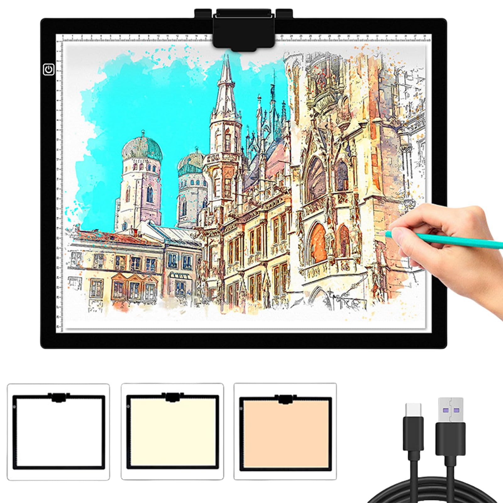 Podświetlana tablica LED A3, podświetlana tablica kreślarska z regulowanym magnetycznym klipsem, 3 tryby kolorów i płynna regulacja jasności, zasilanie USB, do szkicowania, animacji