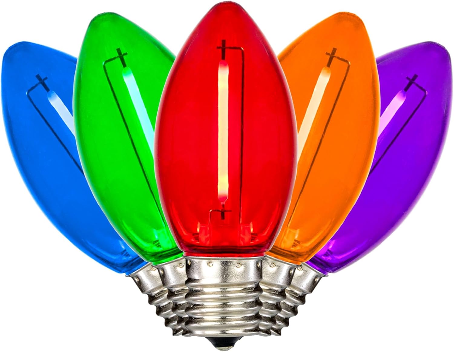 25 Pack C9 LED Filament Bulbs, Transparent Multicolor Shatterproof Plastic Replacement Christmas Lights, E17 Base for Indoor/Outdoor Strings, Dimmable, 0.6W 10,000 Hour Life