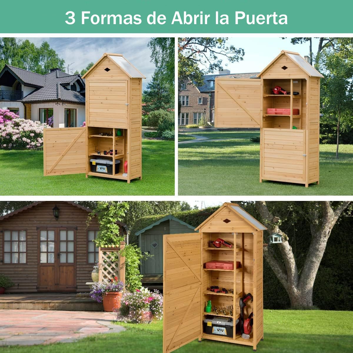 RELAX4LIFE Cobertizo de Jardín de Madera de Abeto, Armario Exterior con Tejado de Metal, Armario para Herramientas Resistente al Viento y Agua, Caseta para Jardín, Balcón y Terraza, 177x80x35cm