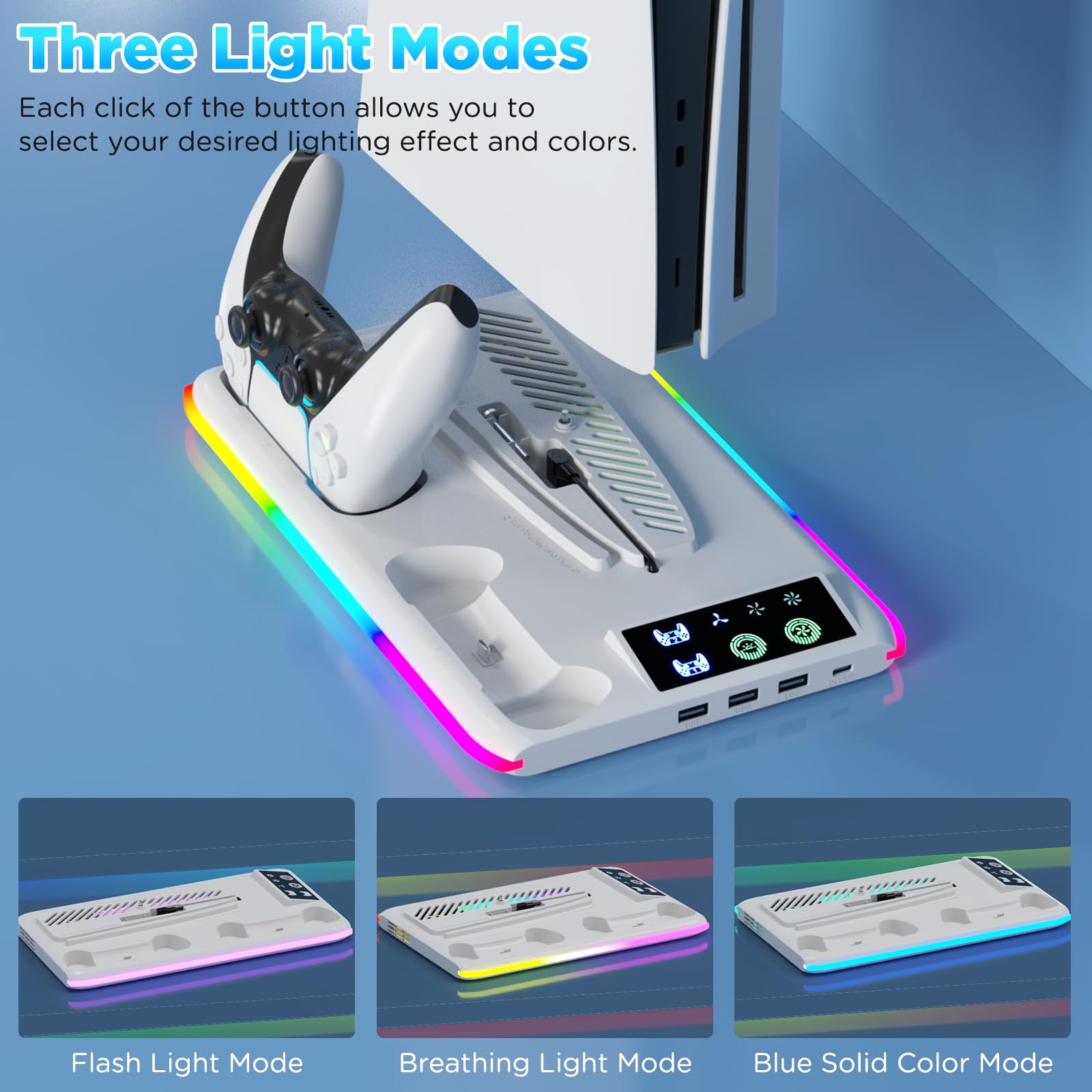 Supporto per PS5/Slim/Pro con Ventola di Raffreddamento, Ricarica Controller PS5, Base PS5 Supporto Verticale con 3 Luci RGB modes per Playstation 5 Console Edizione Disco/Digital Accessori