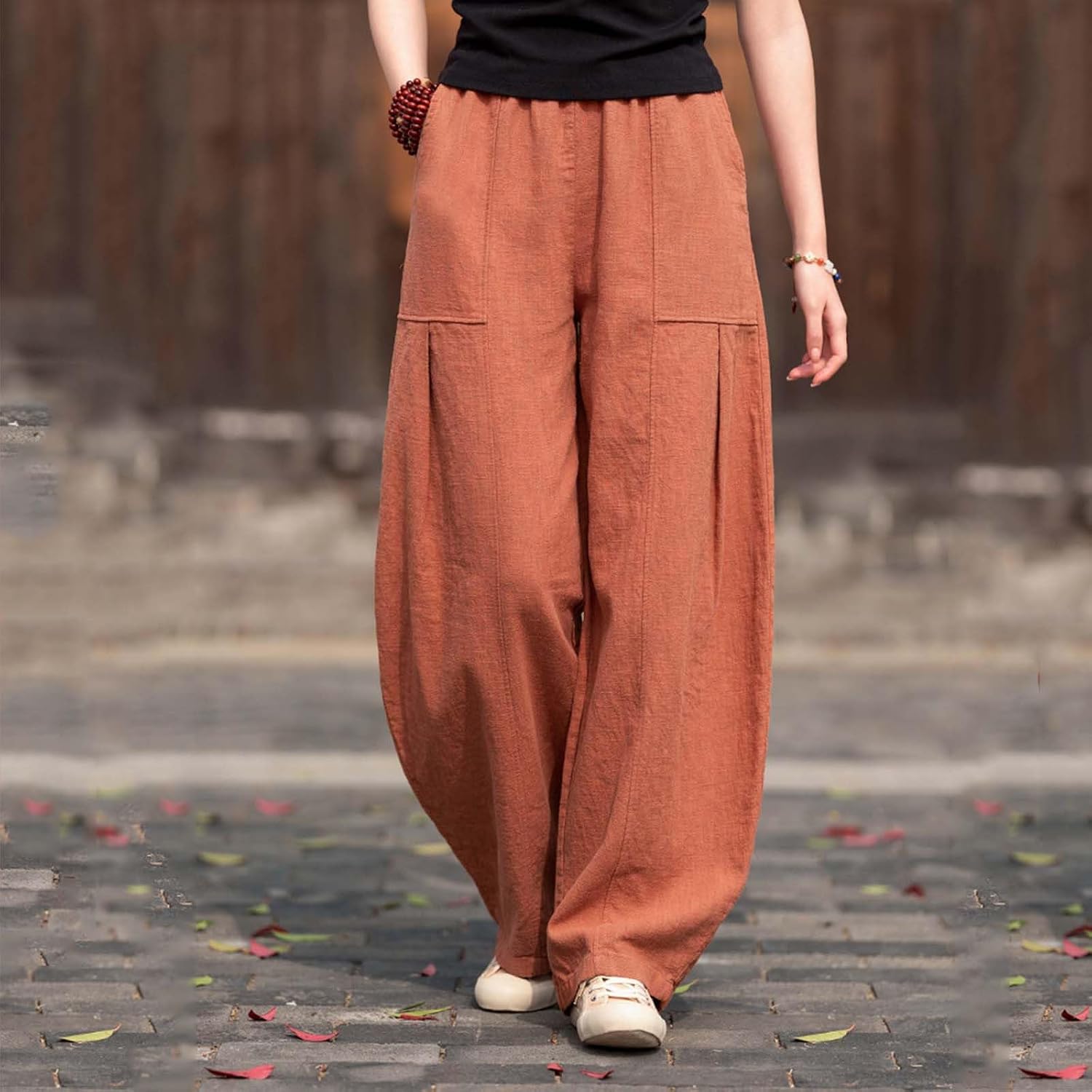 Cotton Linen Pants Women Plus Size Baggy Summer High Elastic Waist Flowy Palazzo Pants Beach Trousers with Pockets