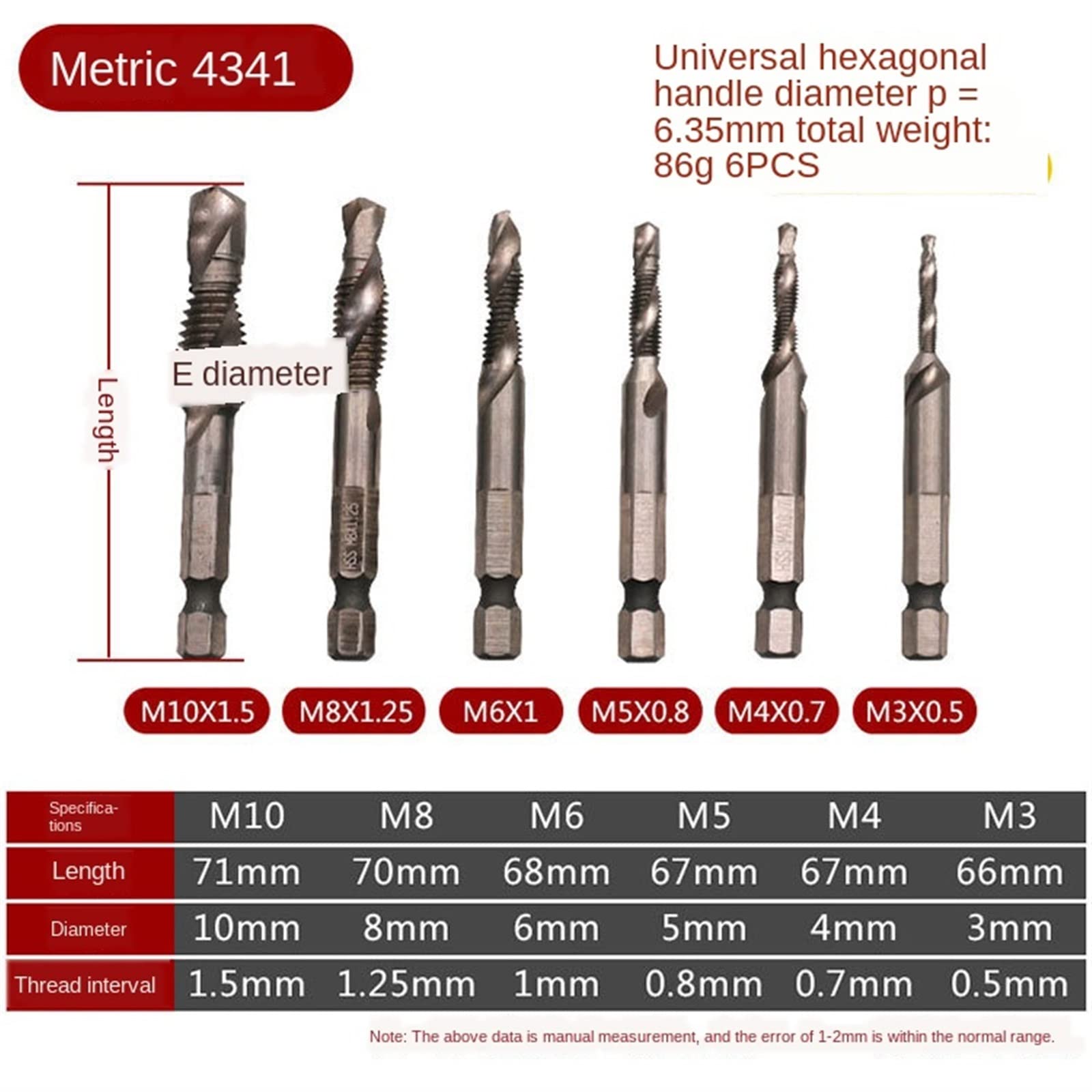 6Pcs/1Pcs 1/4Inch Hex HSS High Speed Steel Thread Spiral Screw Metric Composite Tap Drill Bit Tap MINGPING (Color : 6PC)