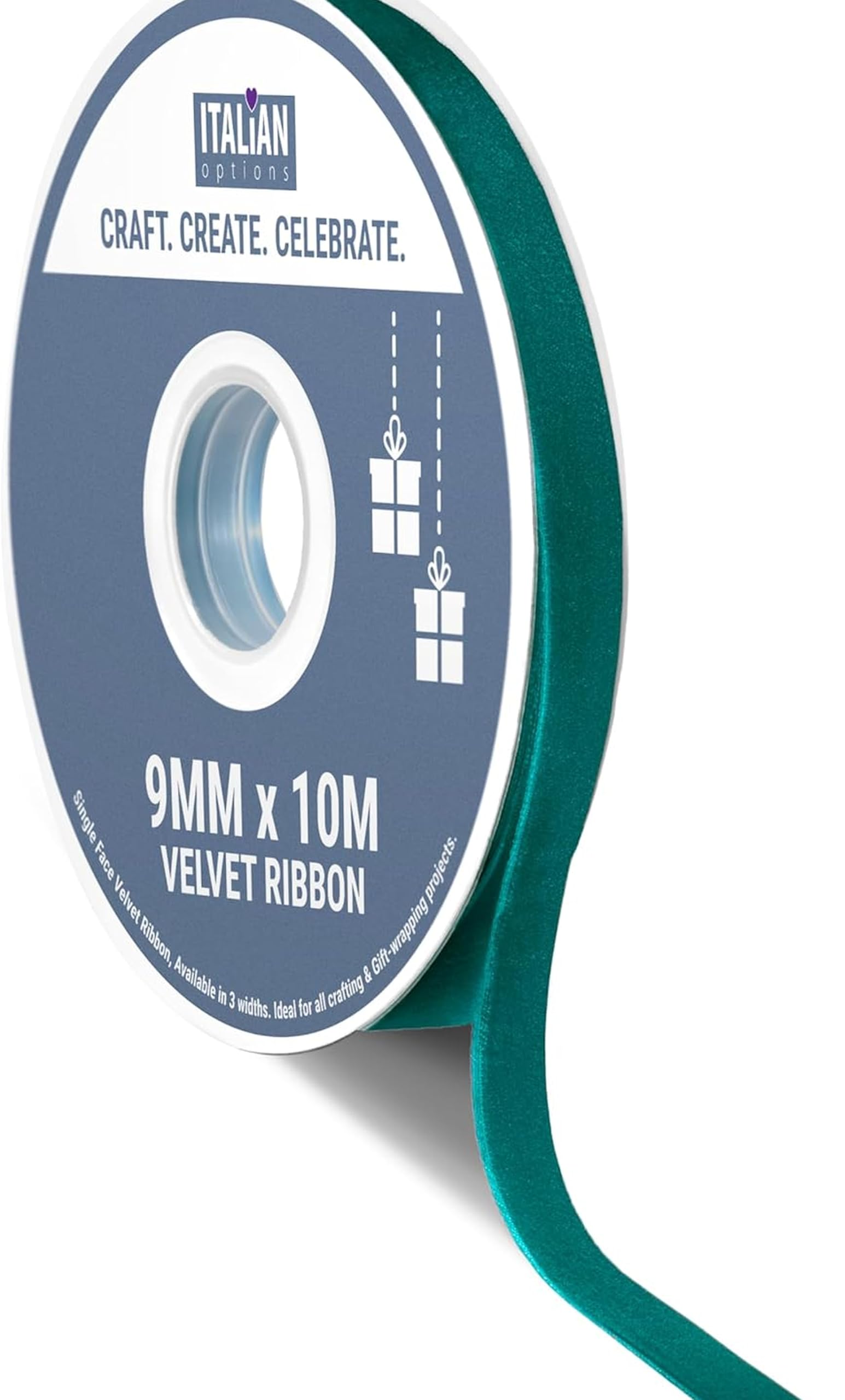 Italian Options Velvet Ribbon, Luxury, Single-Face Velvet Ribbon for Crafting, Christmas, Bows, Hair, Cakes, Weddings, Ornaments, Gift Wrapping, Flowers, 9mm x 10 Metre Roll, Vintage Teal
