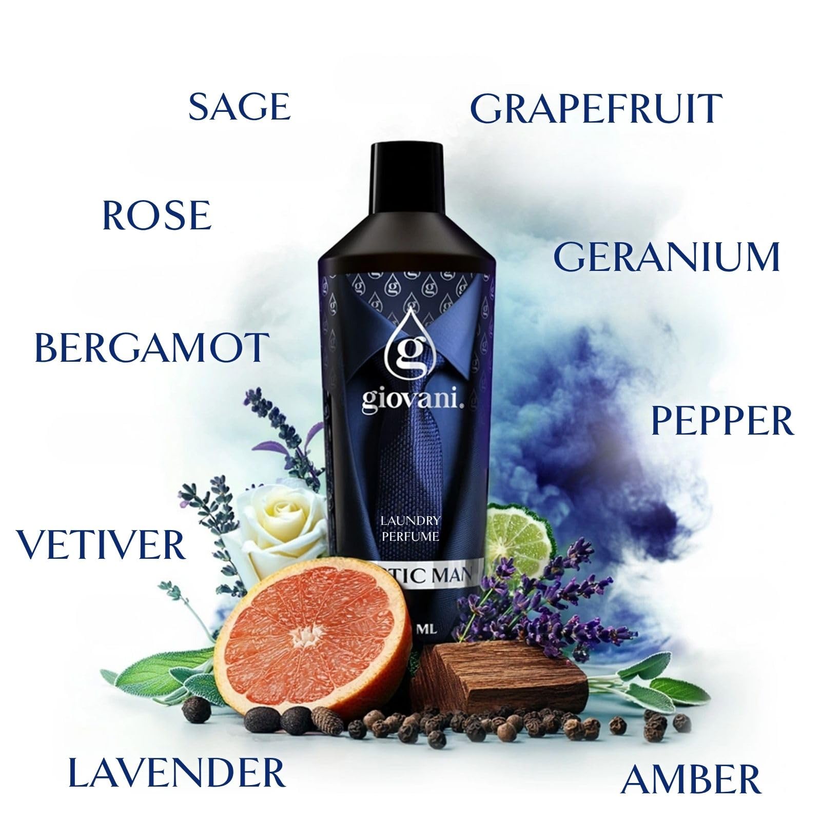 Giovani Profumatore per Bucato MYSTIC MAN 500 ml | Fragranza Fresca e Speziata Maschile con Note di Pompelmo, Salvia, Vetiver e Patchouli | Profumatore per Bucato Concentrato Fino a 100 Lavaggi
