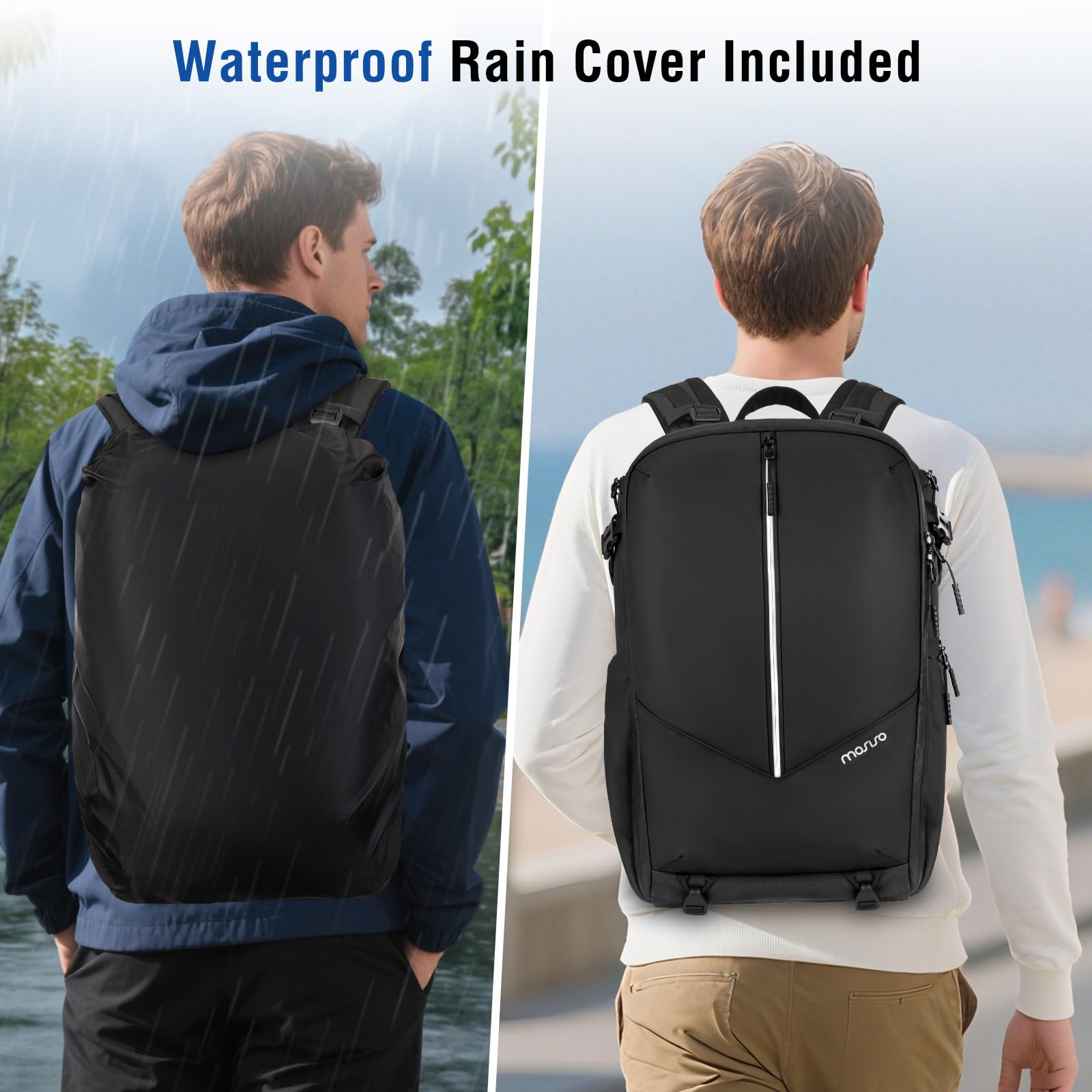 MOSISO Mochila Impermeable Cámara, DSLR/SLR/Mirrorless Mochila Gran Cámara Bolsa Fotografía con Cubierta la Lluvia&Compartimento Portátil 16 pulgadas&Soporte Trípode&Bolsillo Vertical Frontal,Negro