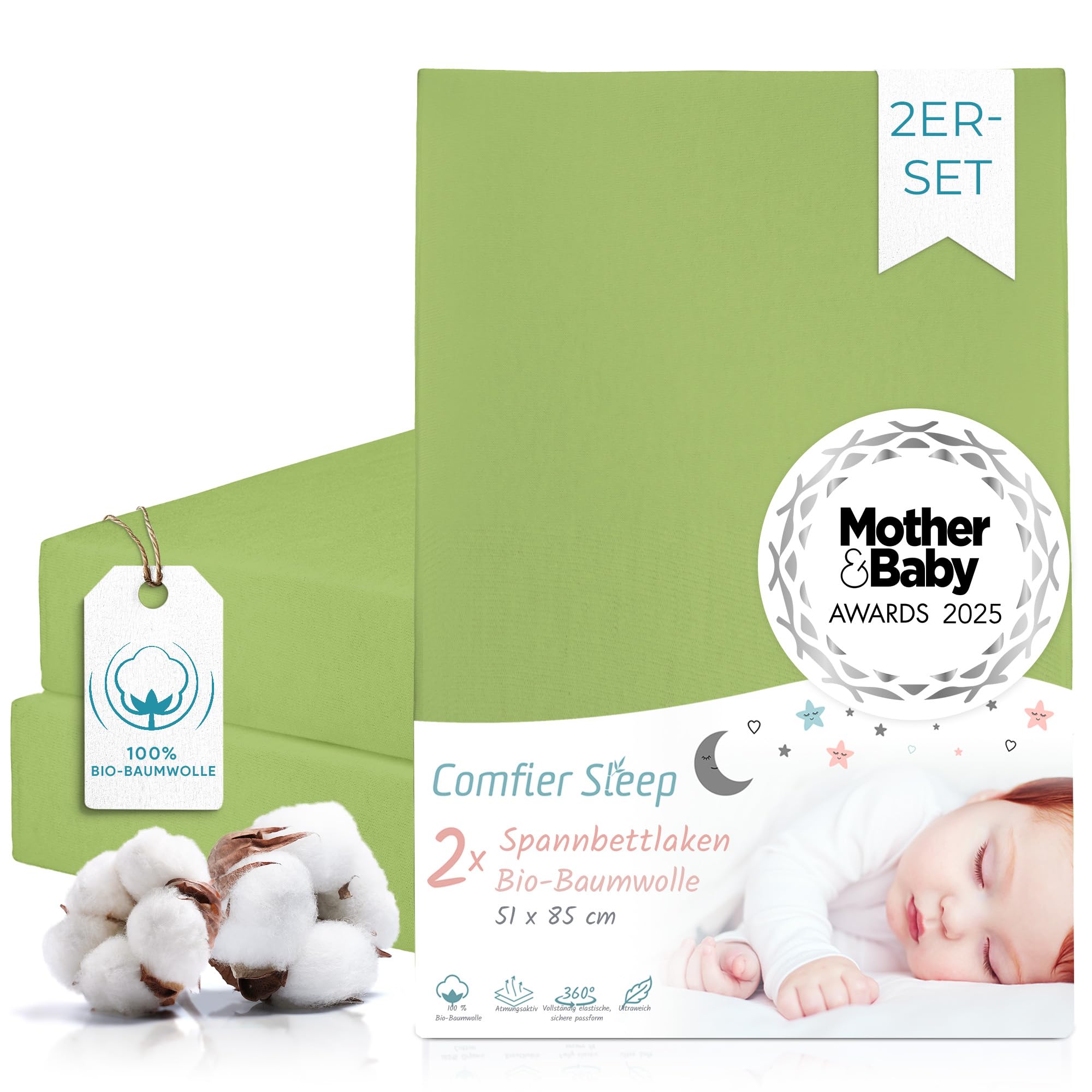 Spannbettlaken Kinderwagen 51x85 – 2er-Set Grün Spannbettlaken aus Bio-Baumwolle – Waschbar & Atmungsaktiv – für Kinderwagenmatratze