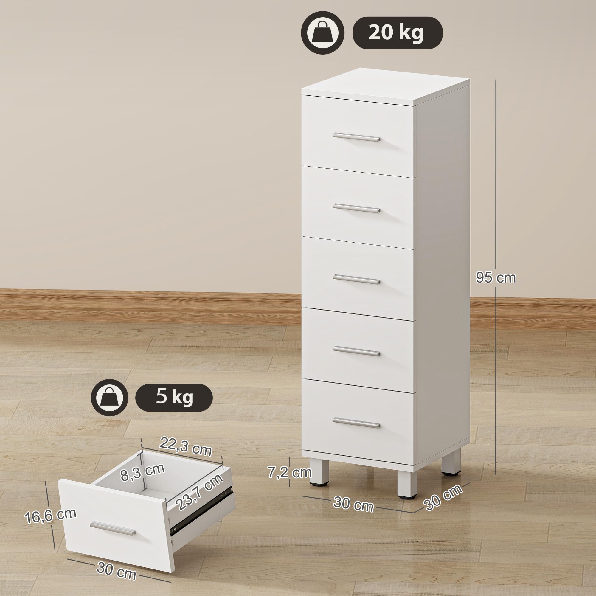 HOMCOM Meuble de Salle de Bain sur Pied 5 Tiroirs 30 x 30 x 95 cm Blanc