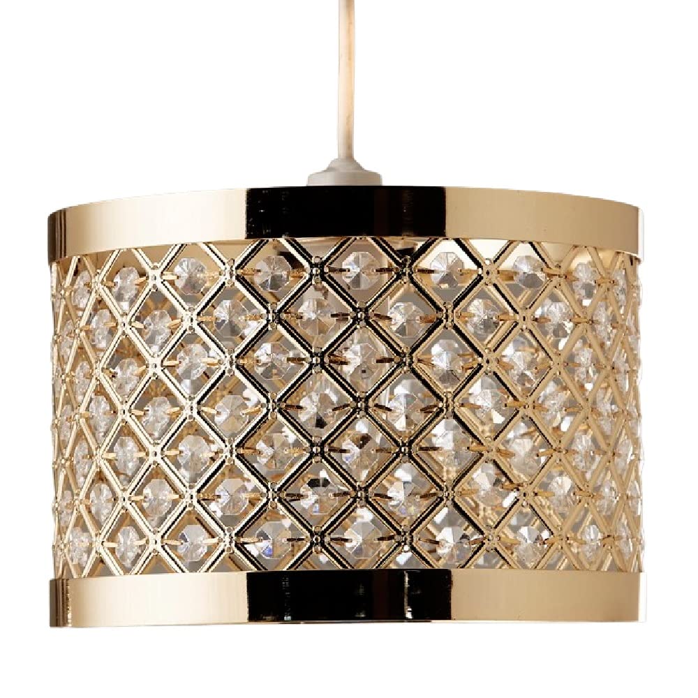Britalia Polished Gold & Acrylic Jewels Modern Easy Fit Round Drum Pendant Shade | 26Cm Diameter (10") | None Electric Ceiling Lampshade | Fits All Lampholder Types E14 E27 B15 B22