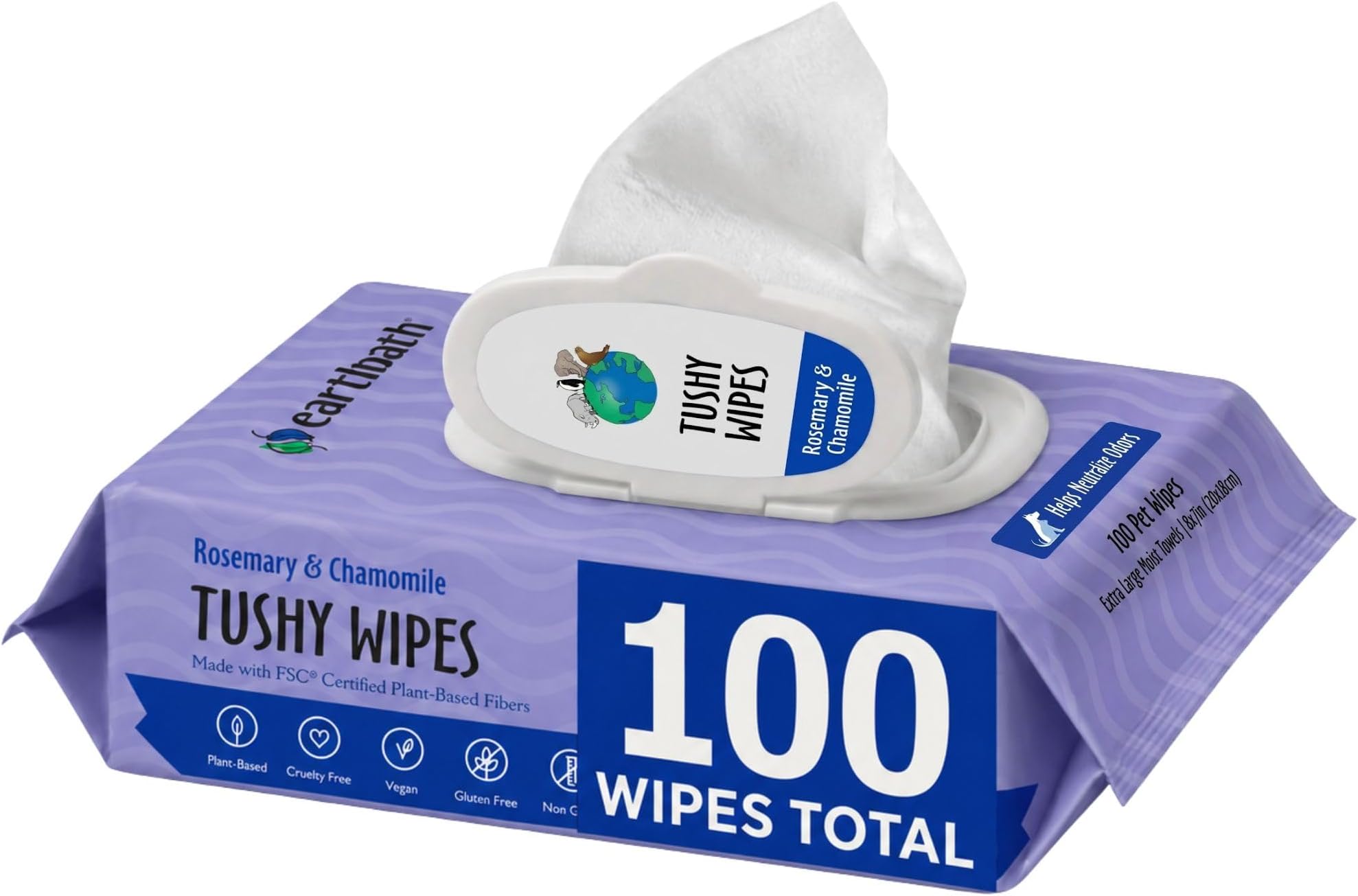 Earthbath Rosemary & Chamomile Tushy Wipes: Aromatherapeutic Cleanse | Rosemary & Chamomile Infusion | Pet-Friendly Formula | Soothe & Refresh | Embrace Nature's Calm, 100 Pack